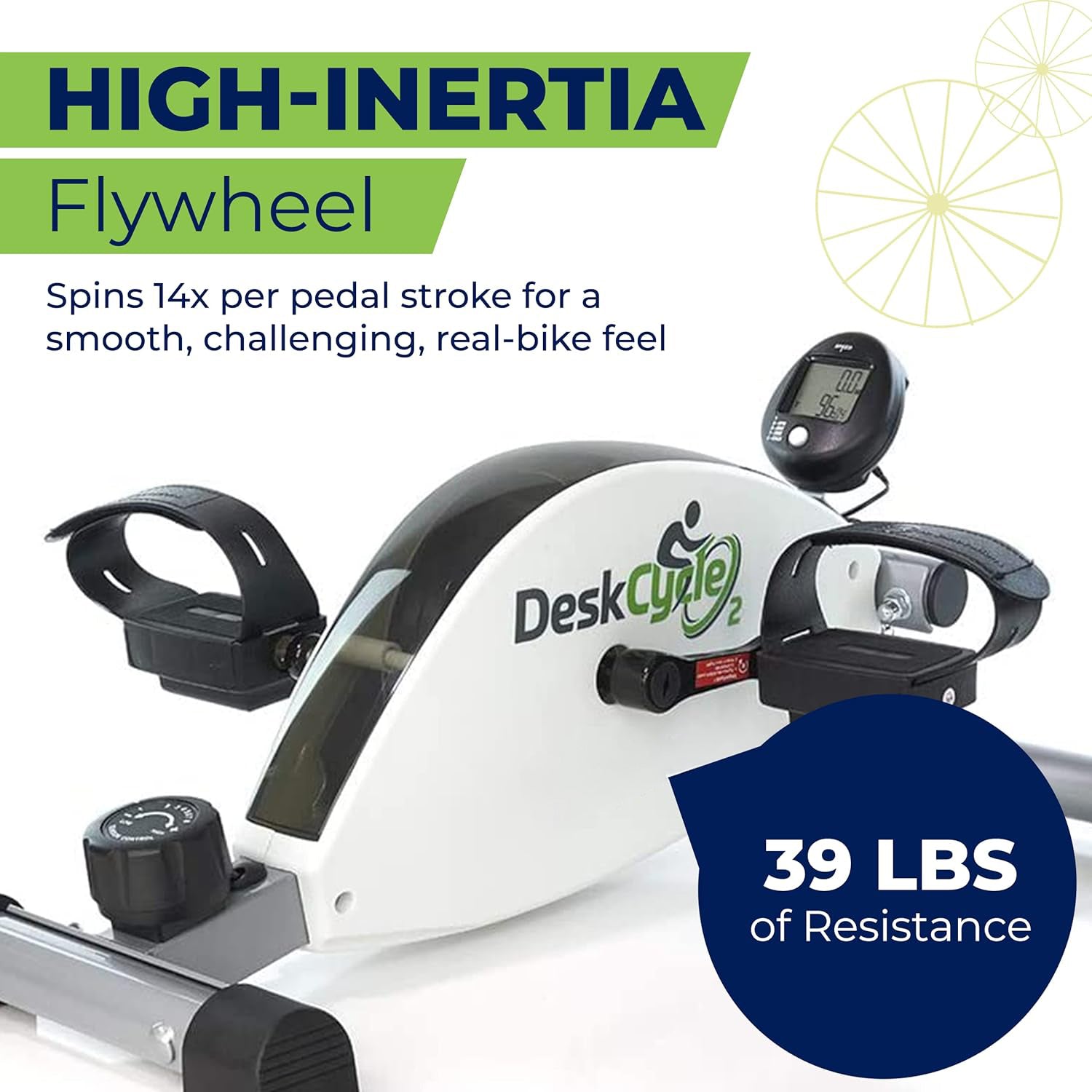 A high-inertia flywheel desk bike with a white and black frame, foot pedals, a digital display, and text overlays highlighting its features and resistance level.