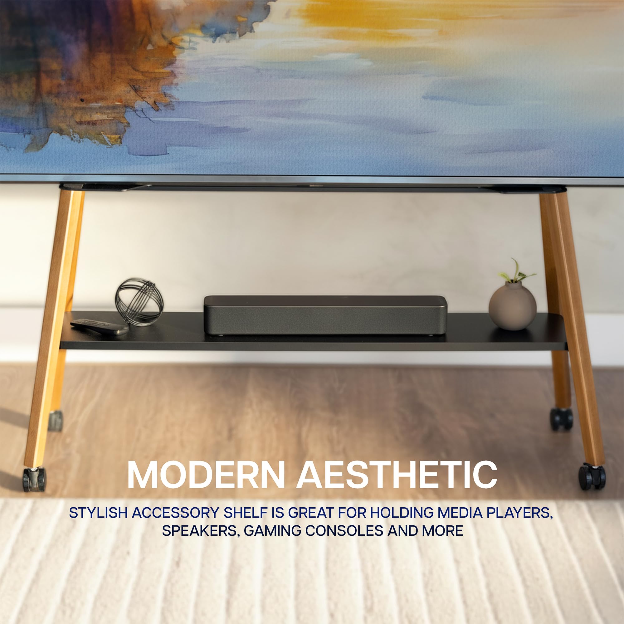 Stylish accessory shelf with a television and electronic devices in a modern room.