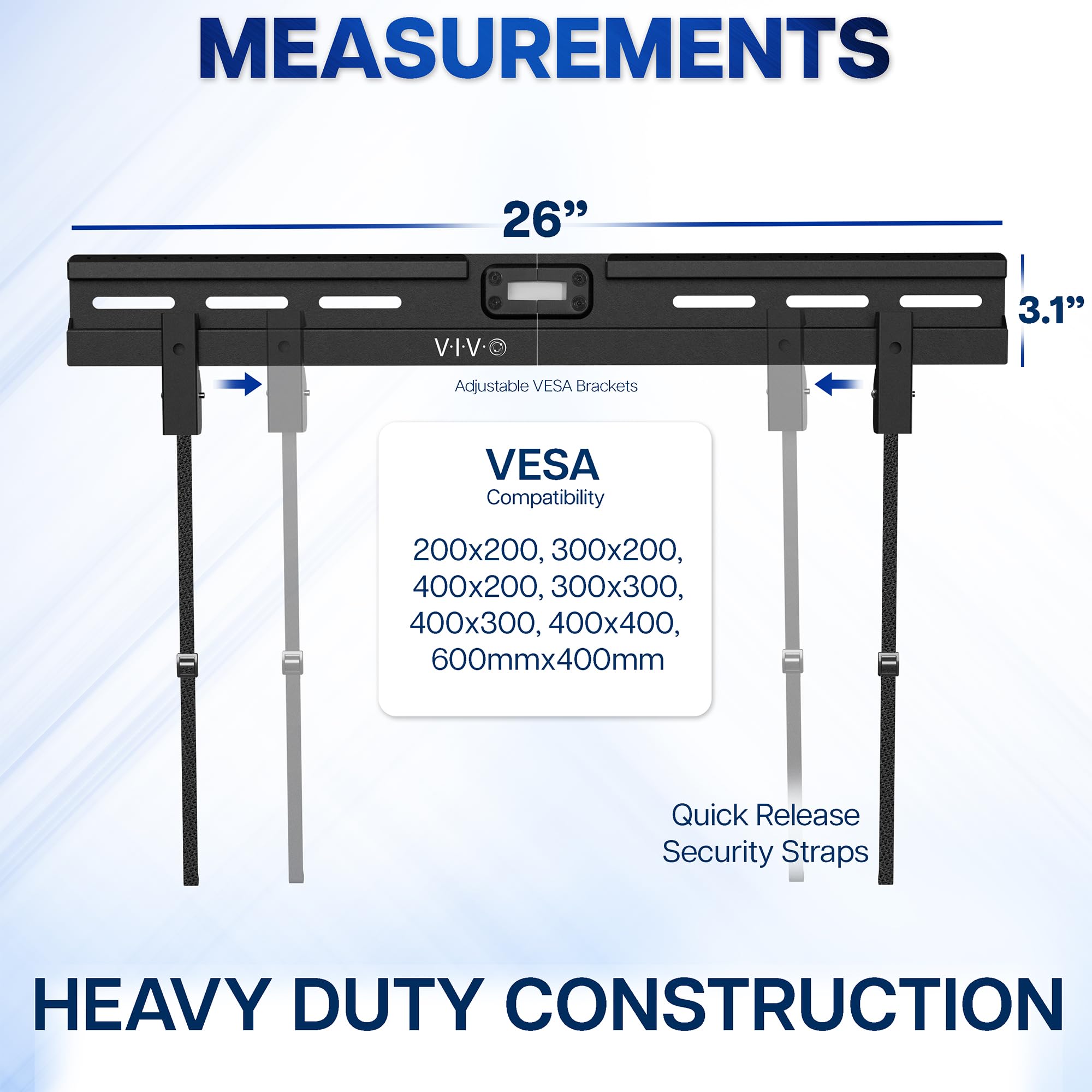 VESA bracket with measurements and compatibility details on a blue background