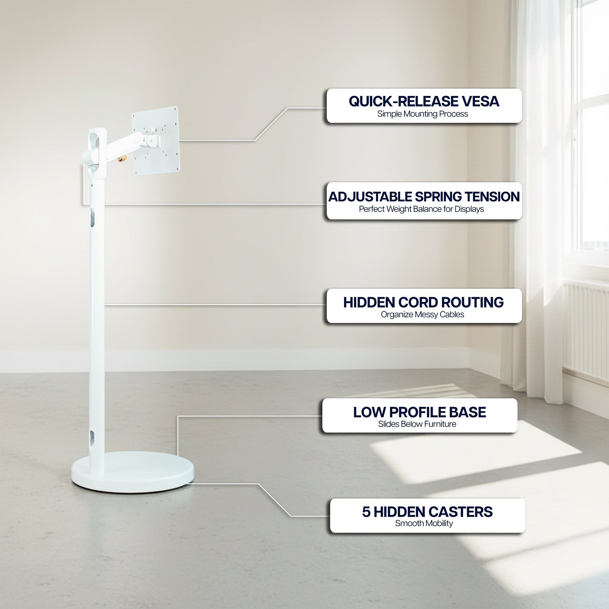 White Mobile TV and Monitor Cart w/ Mechanical Arm - 17" to 43" Screens