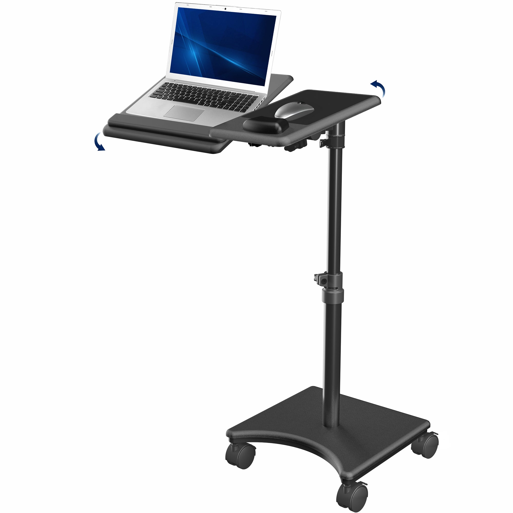 A black laptop cart with an adjustable extension arm and wheels, holding a laptop.