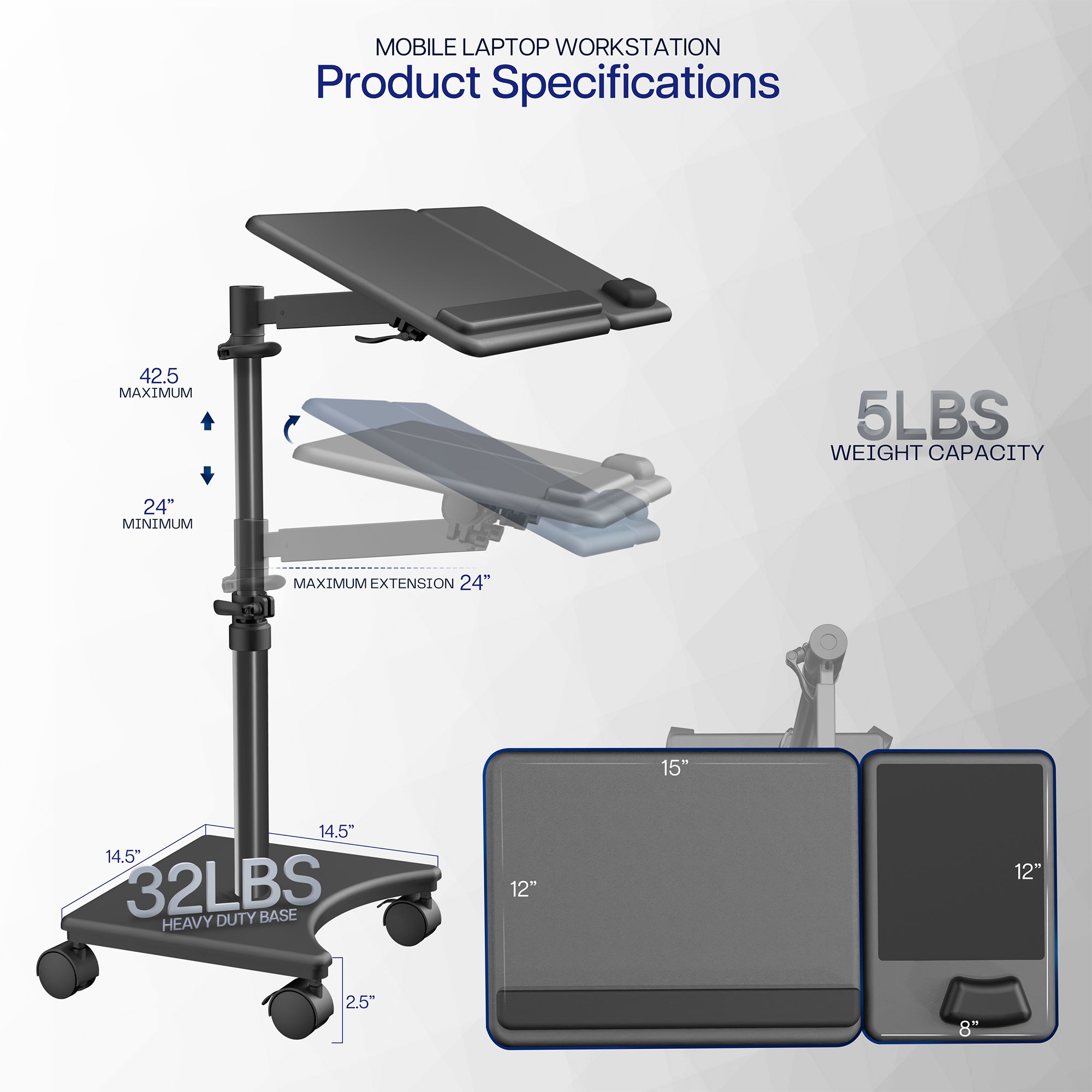 Mobile laptop workstation with product specifications on a white background