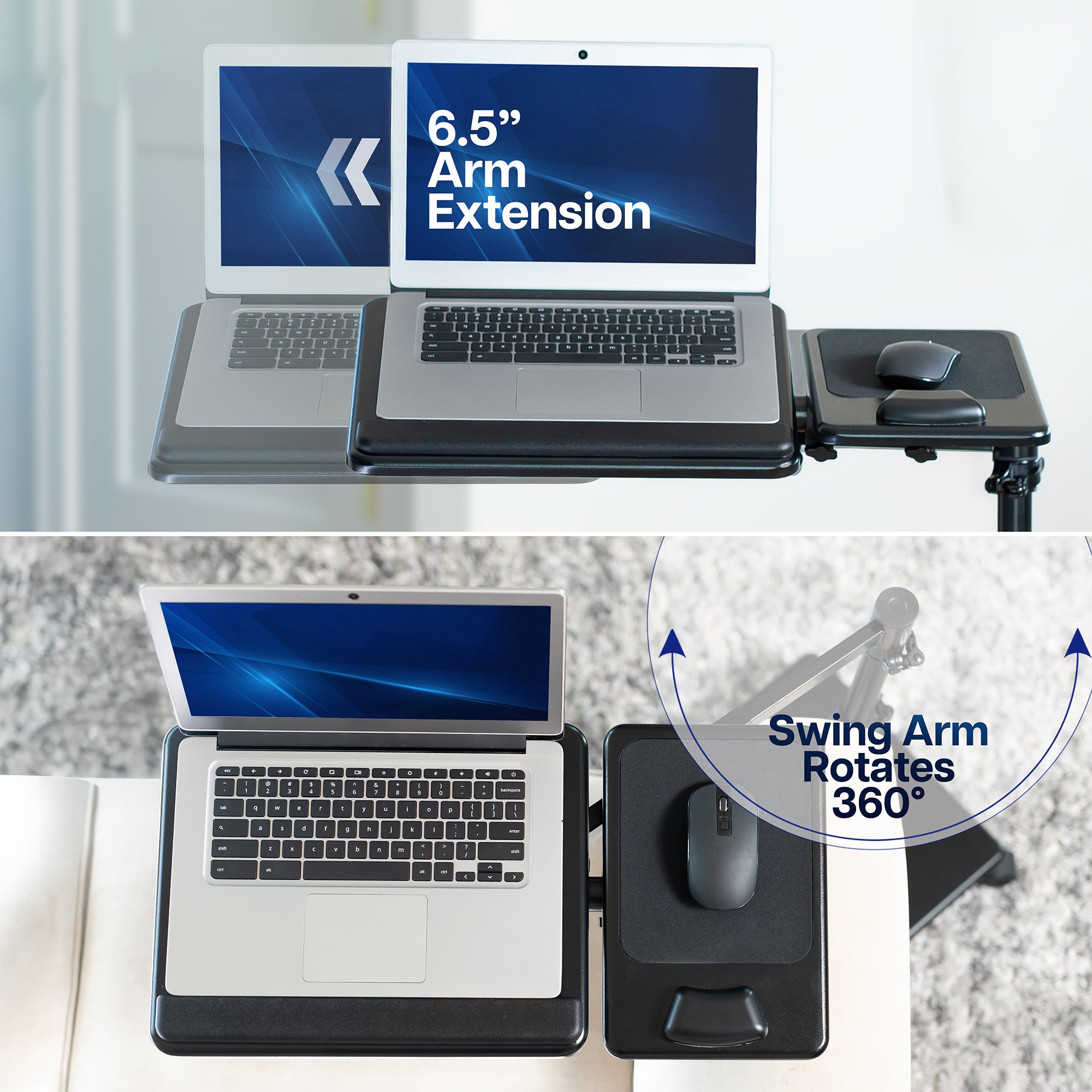 Laptop stand with arm extension and swing arm rotation feature on a desk.