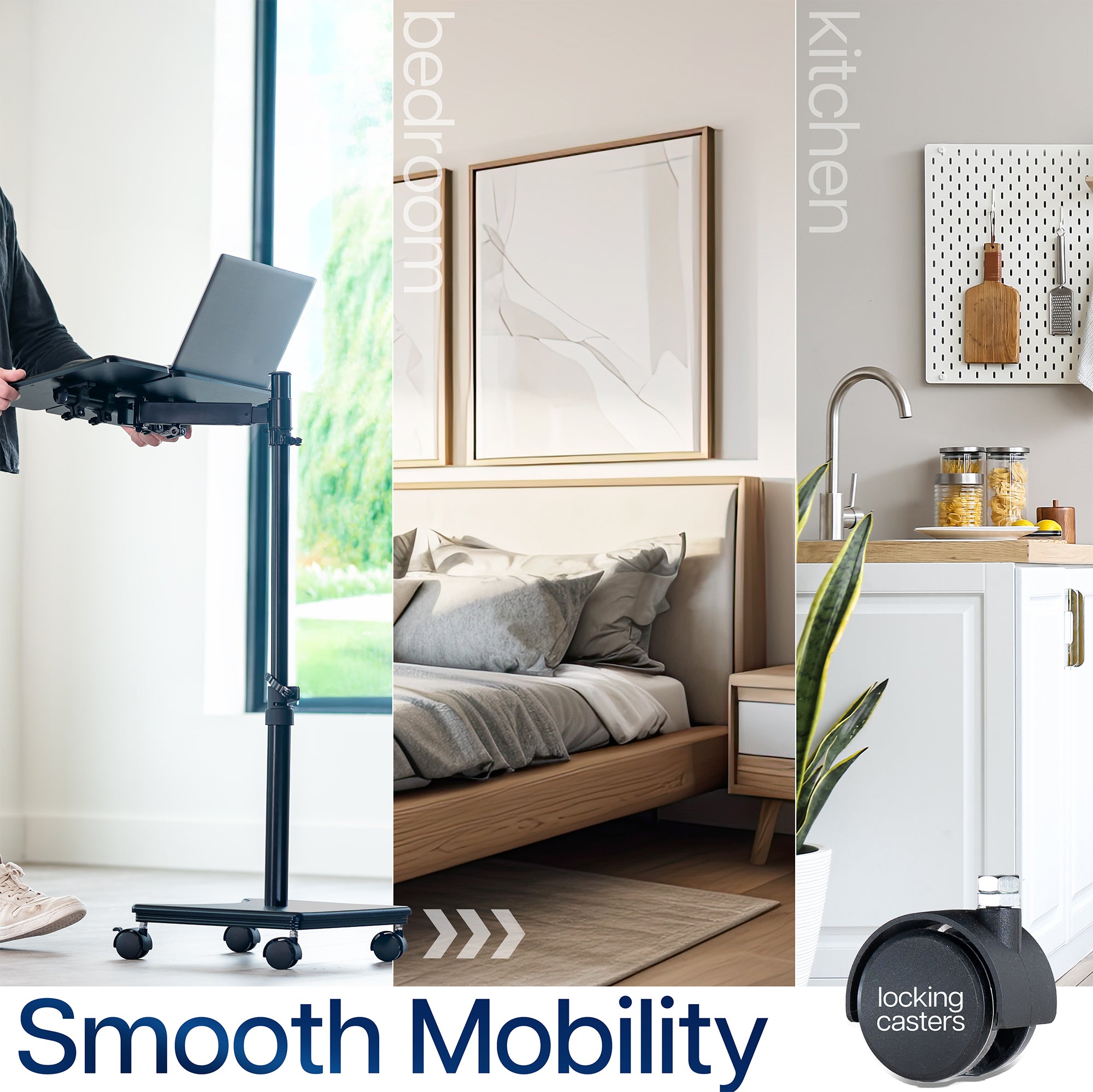 Collage of a standing desk, bedroom, and kitchen with text.