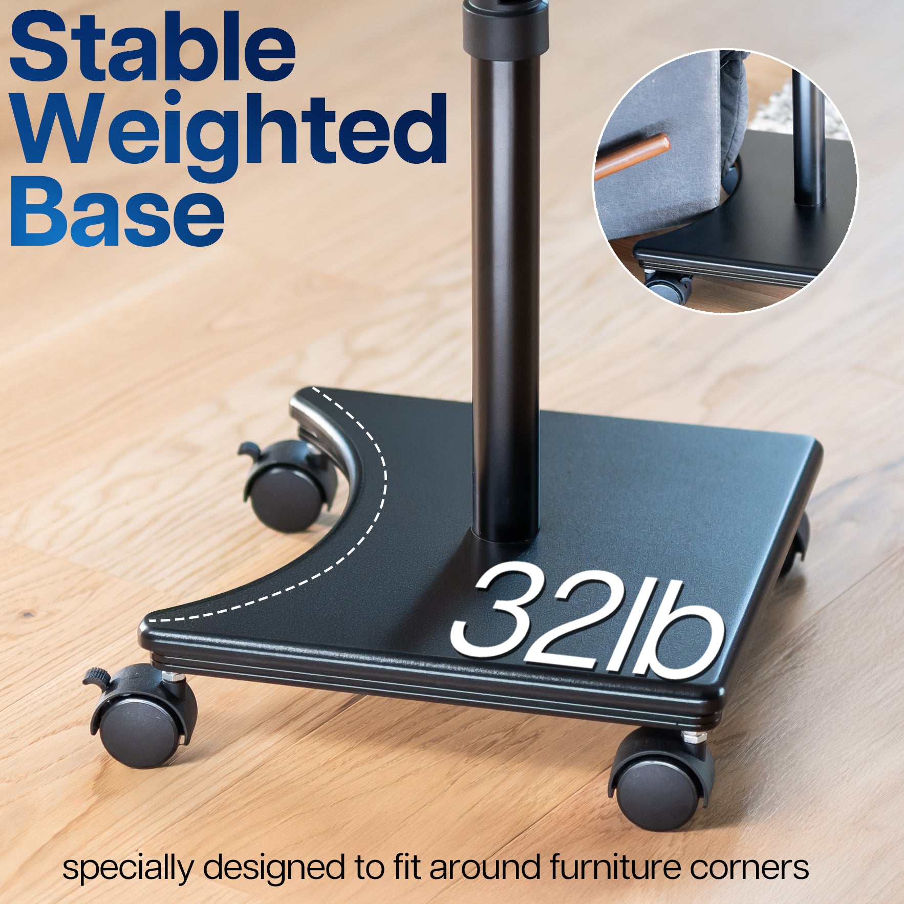 Black stable weighted base witha weight label on a wooden floor, inset showing furniture corner compatibility.