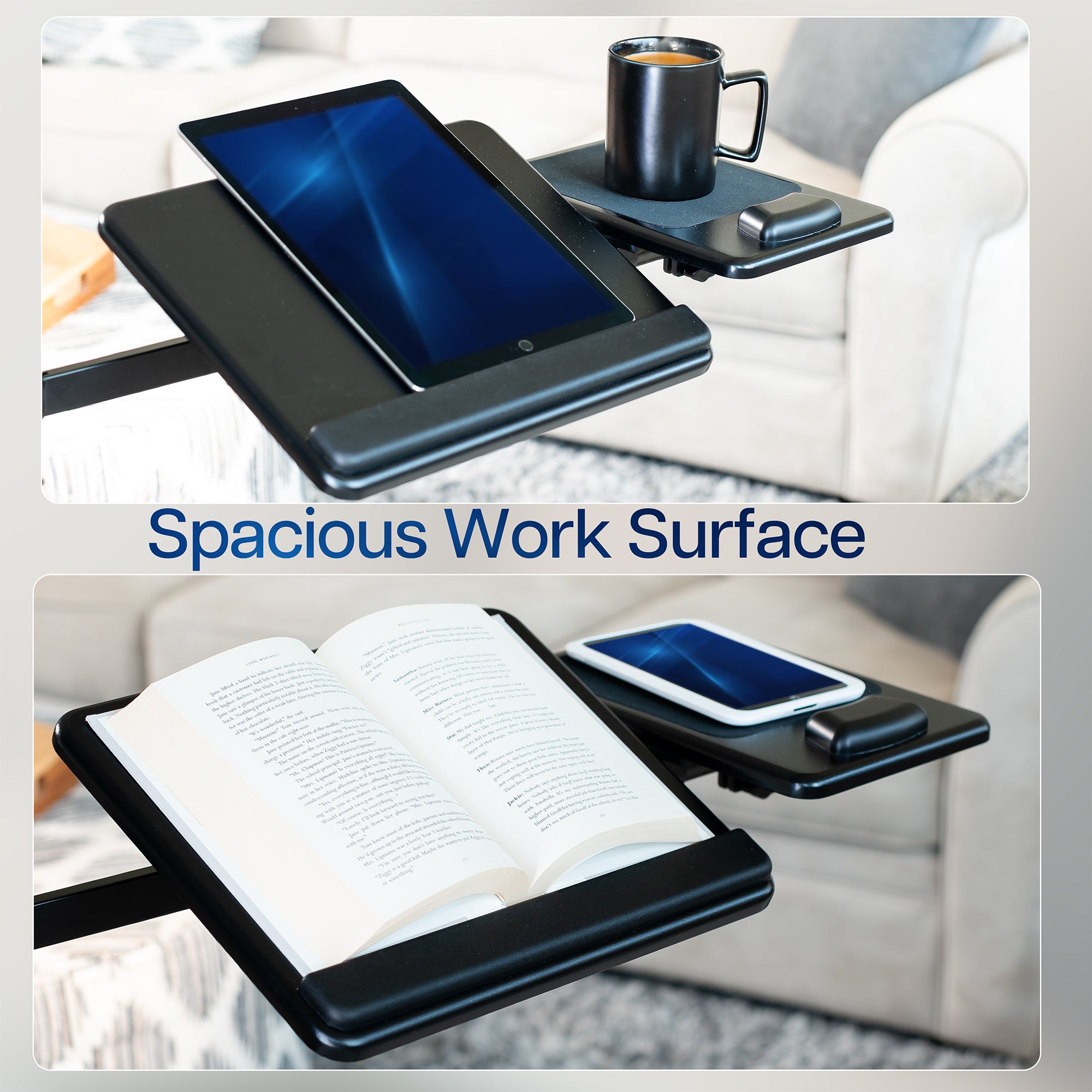 Mobile laptop desk with tablet, book, and cup.