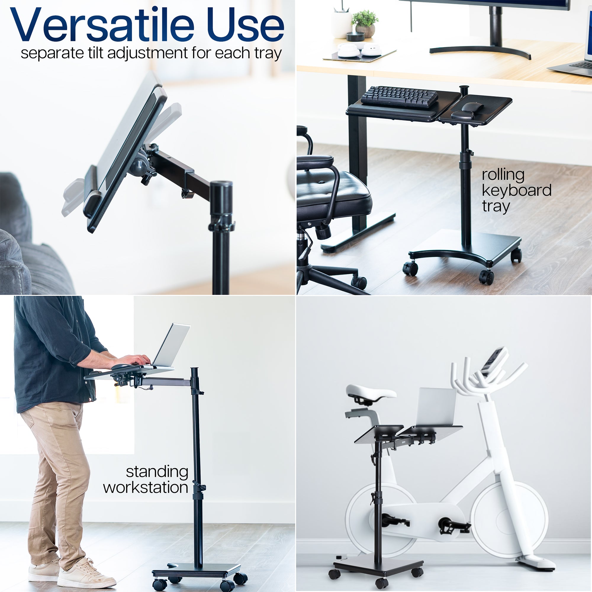 Collage of a adjustable workstation with different uses including standing, rolling keyboard tray, and laptop stand.