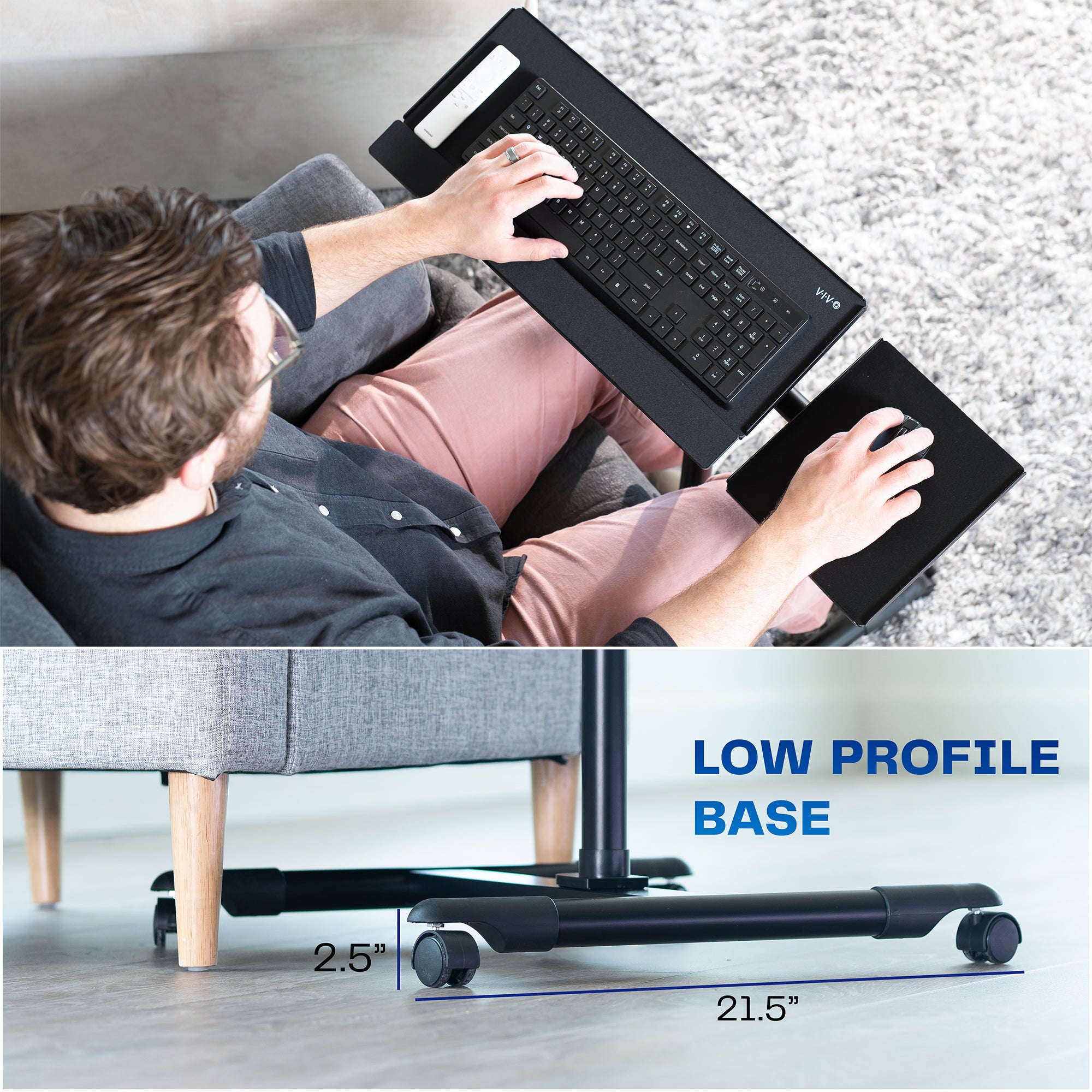 Person using a laptop on a portable desk with a low profile base feature highlighted.