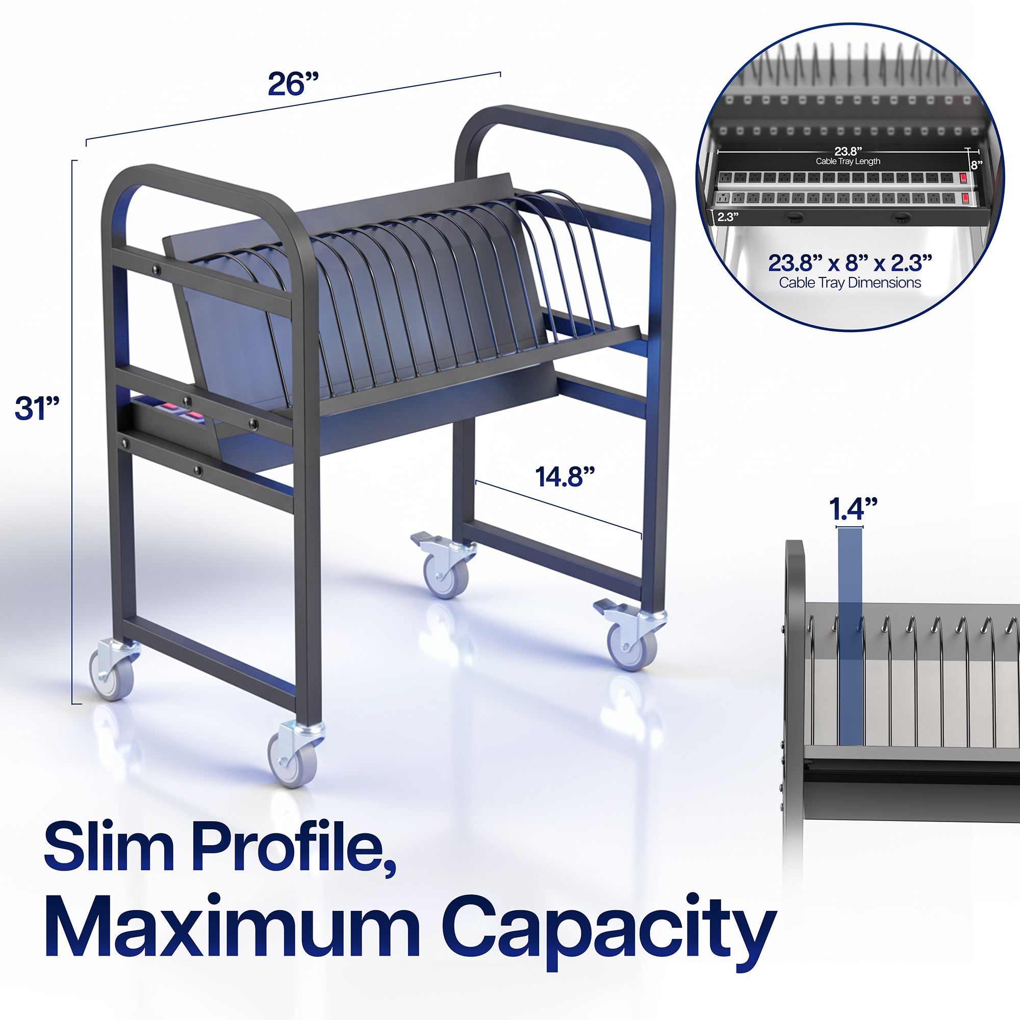 16-Device Open Charging Cart with dimensions and capacity details on a white background