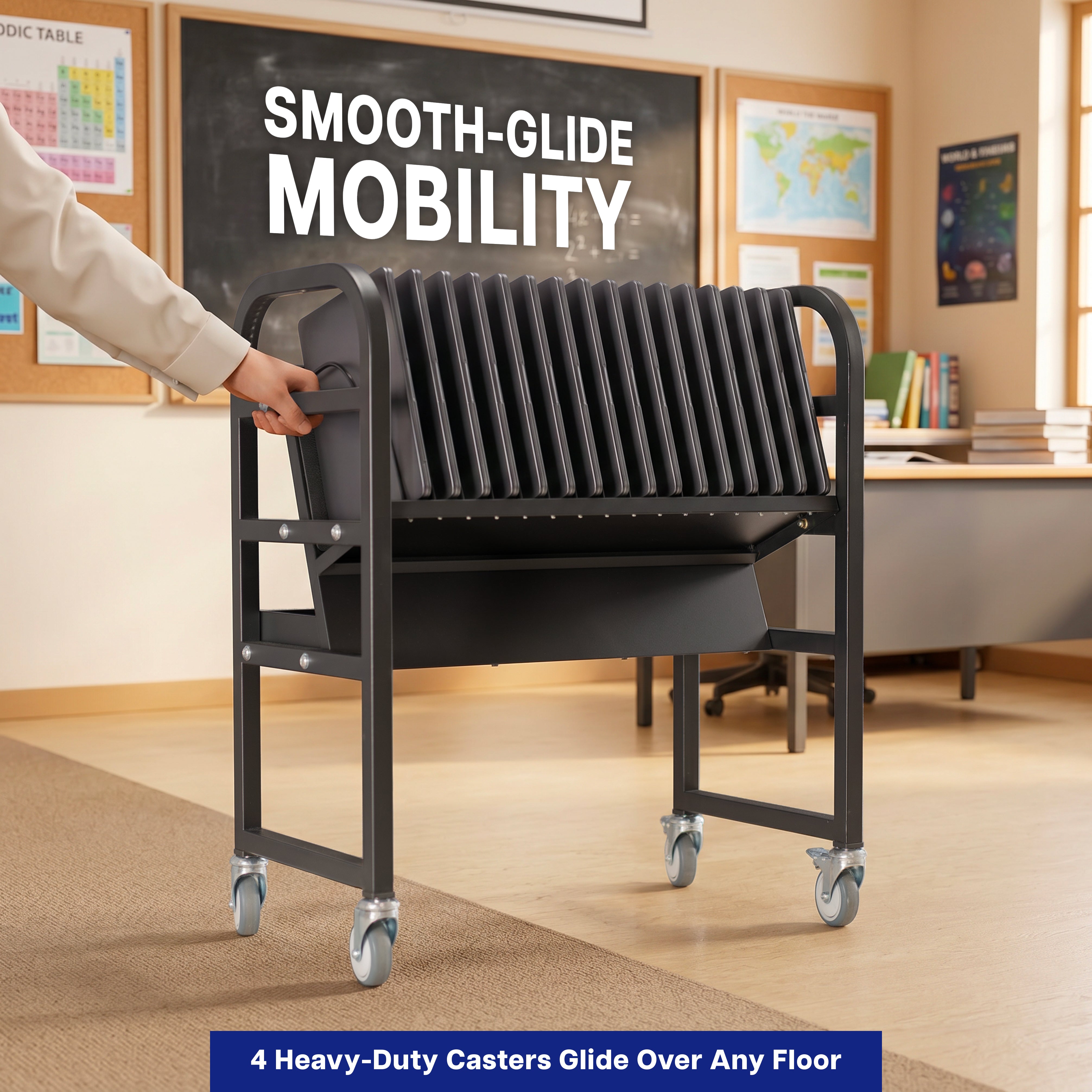 16-Device Open Charging Cart with 'Smooth-Glide Mobility' text in a classroom setting