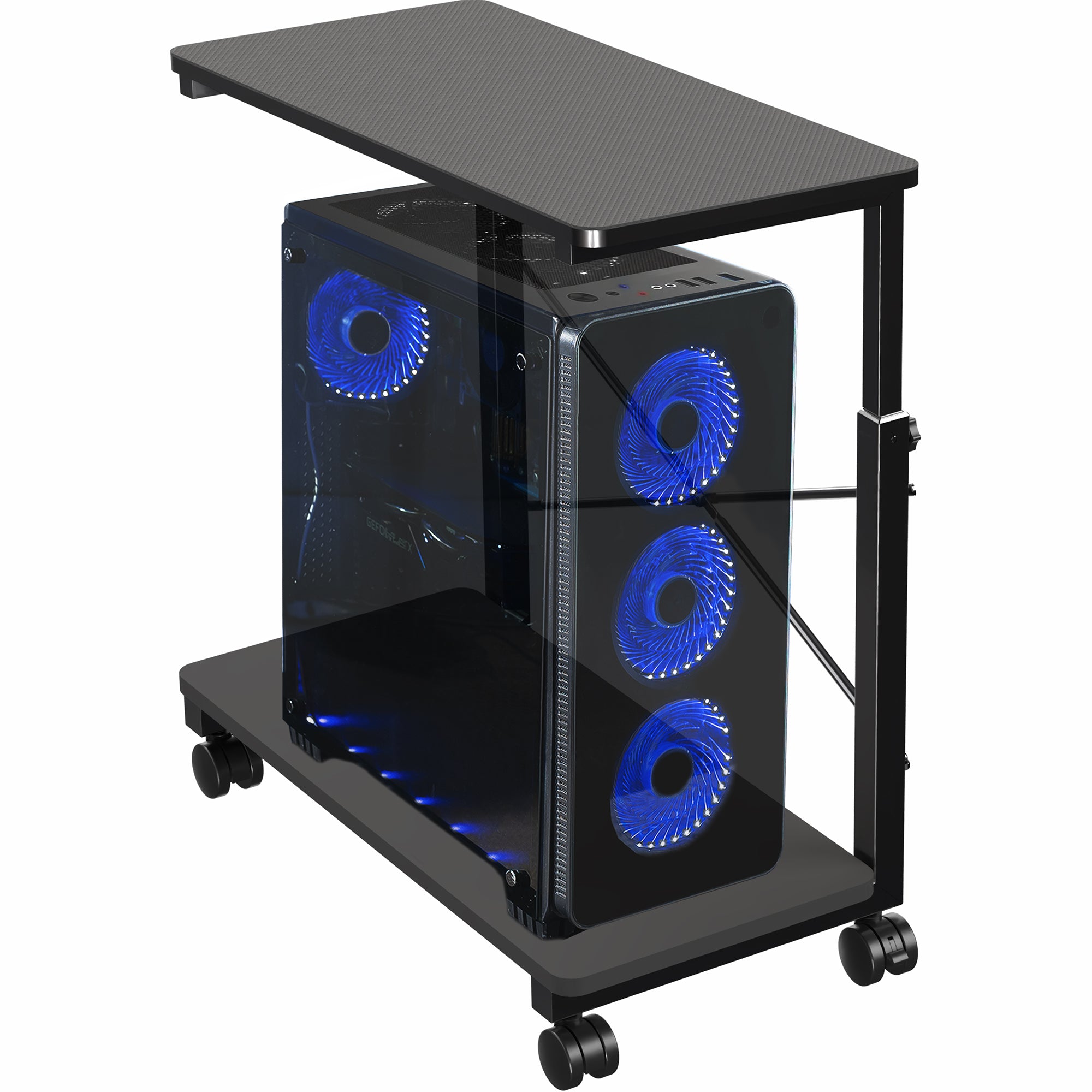 Mobile adjustable PC cart with storage.