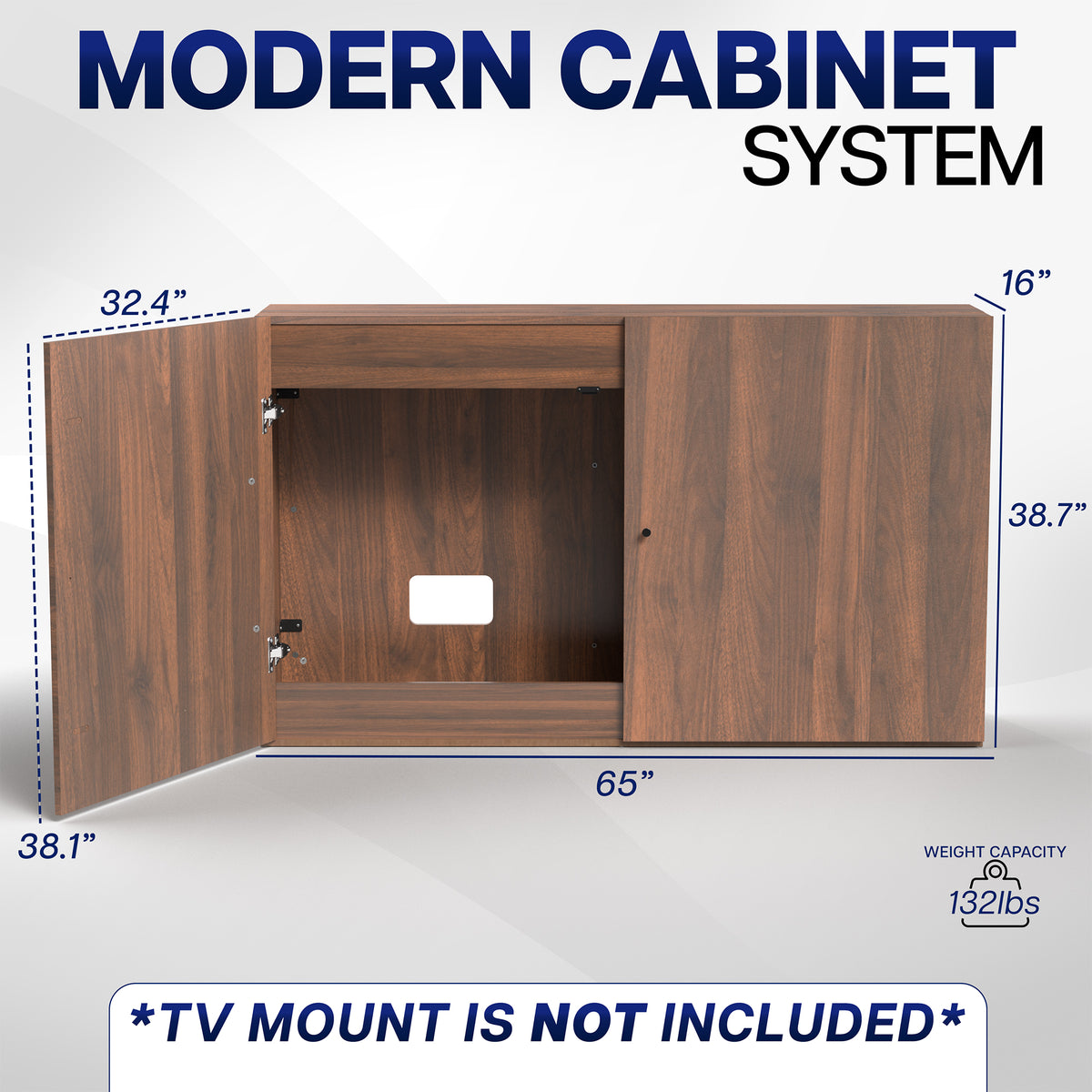 Walnut cabinet system with dimensions labeled on a white background