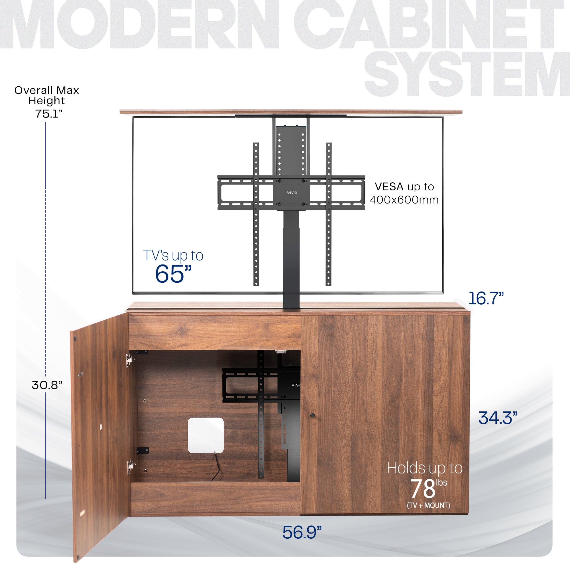 Wooden TV cabinet with a flat-screen TV mounted on it.