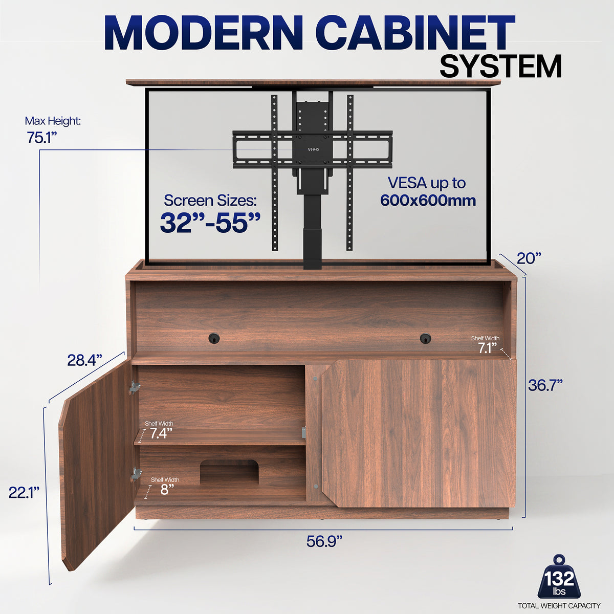 A modern wooden TV cabinet system with a mounted screen and wall mount shown on a light gray background, with dimension callouts and text indicating screen sizes, heights, cabinet capacity, and weight.