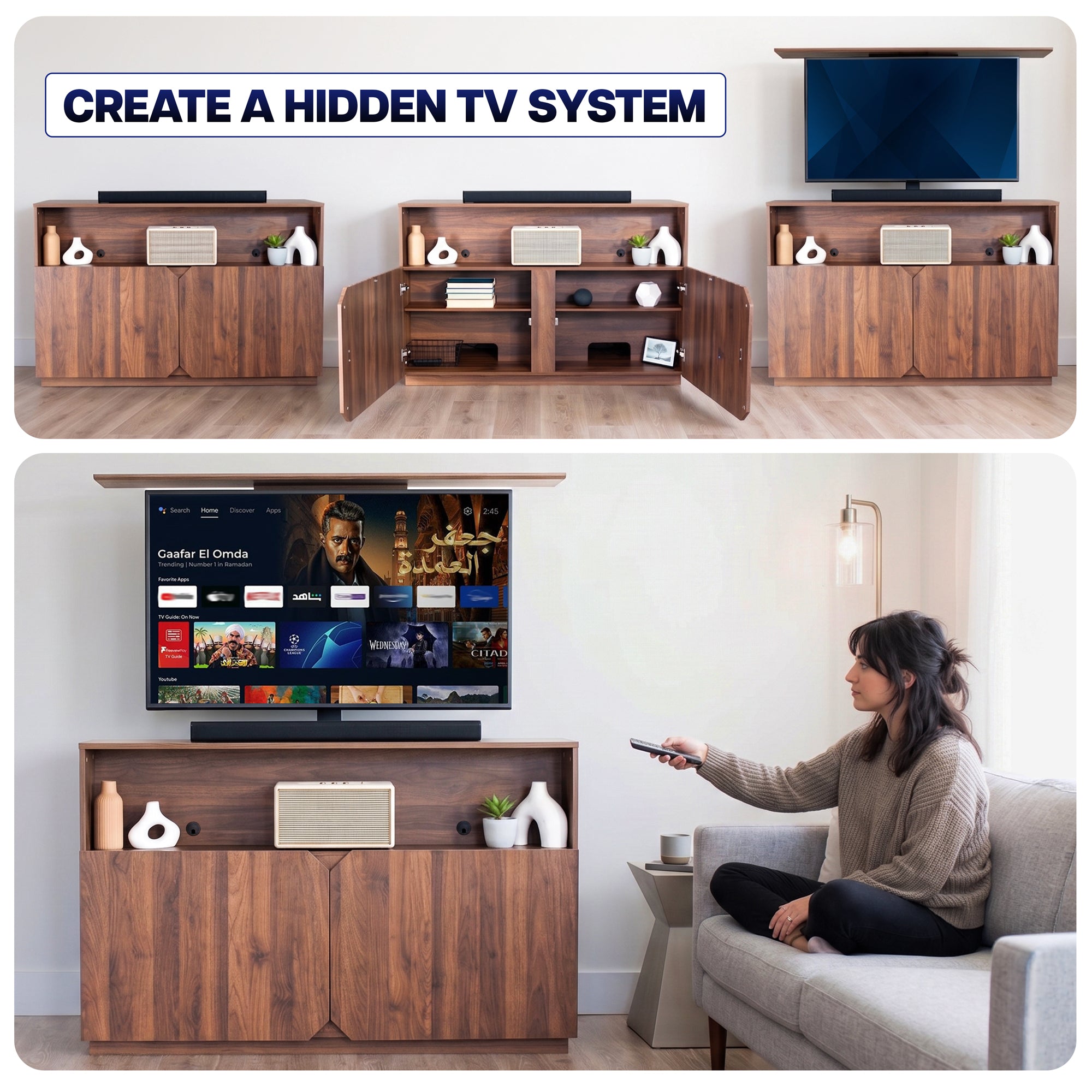 TV Lift Cabinet with Motorized Stand and Storage - 32" to 55" Screens
