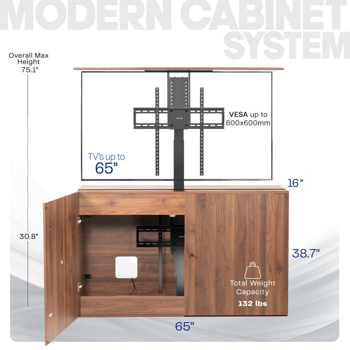 A product infographic showing a modern wooden TV stand cabinet with an attached wall-mounted TV stand and TV frame. The image includes dimension labels (overall height, TV width, cabinet width, depth, weight capacity) and text indicating support for TVs up to 65 inches and VESA up to 600x600mm.