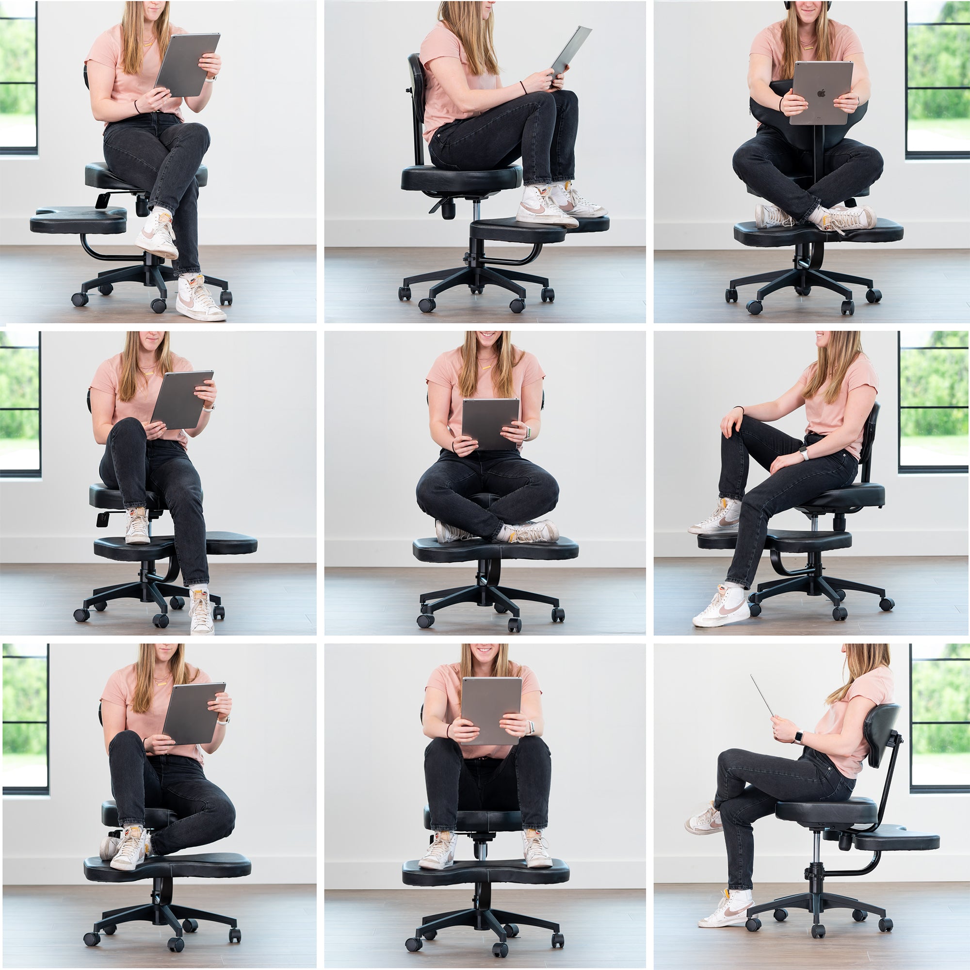 Person using a height-adjustable office kneeling chair in various positions.