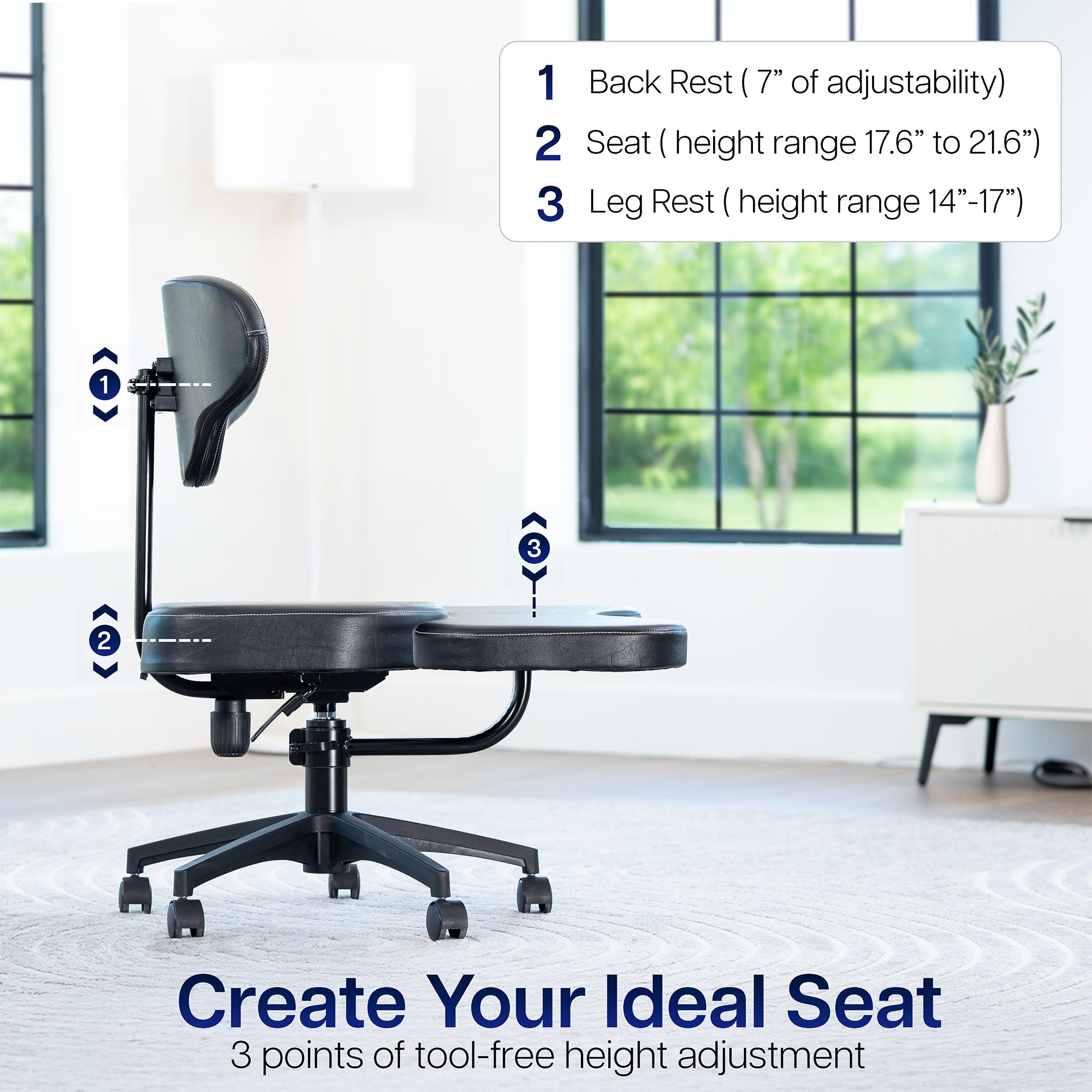Ergonomic office chair with adjustable features highlighted in a room with large windows.