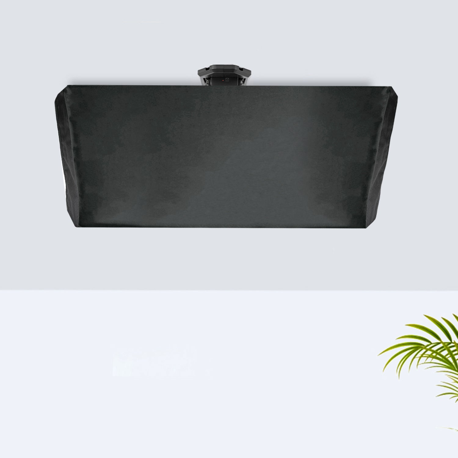 A black TV cover fitted over a ceiling mount TV with a visible mounting mechanism.
