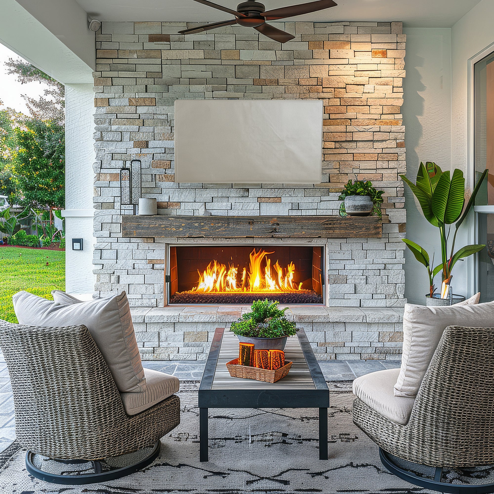 Protective flat screen TV cover in an outdoor patio setting.