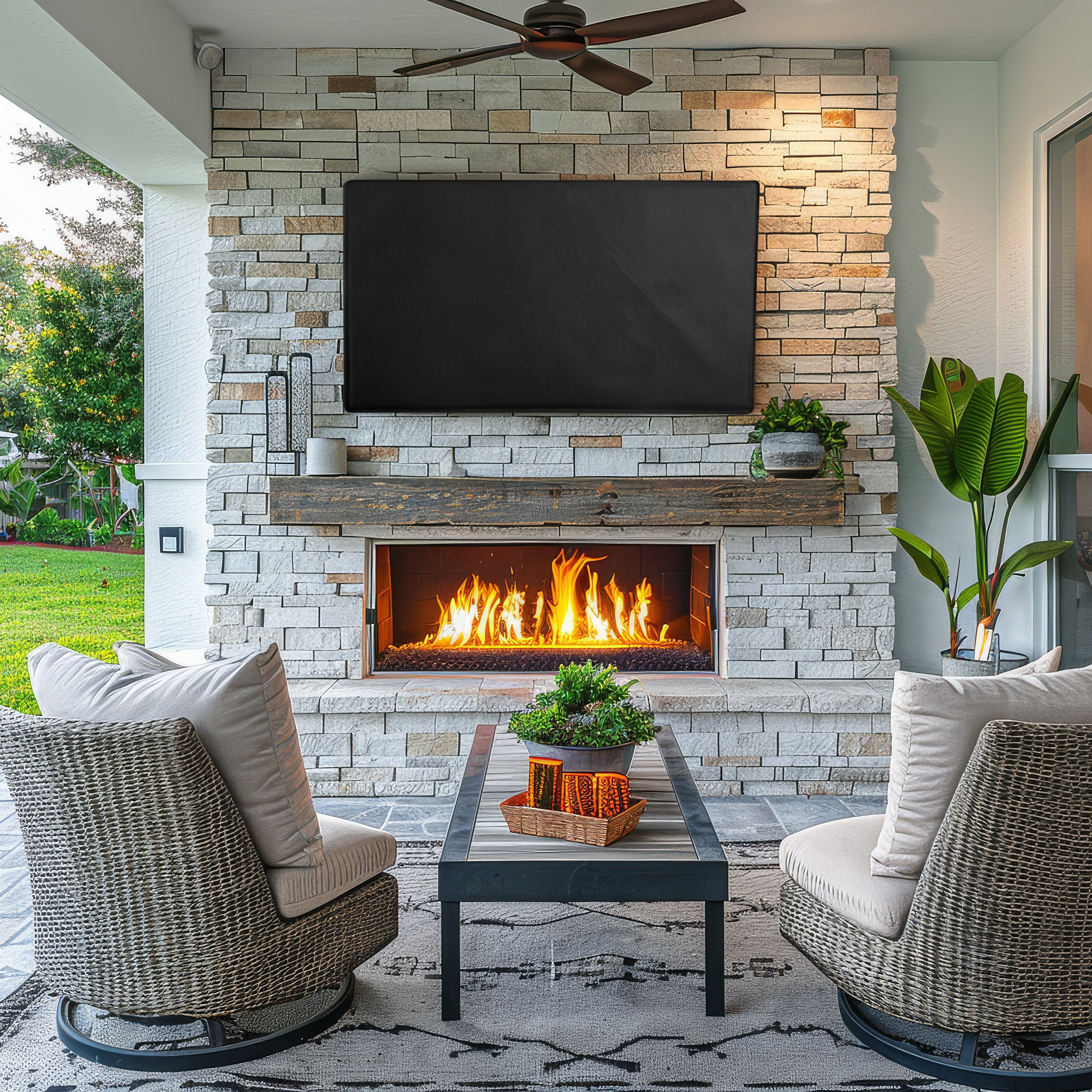 TV with TV cover in outdoor patio setting