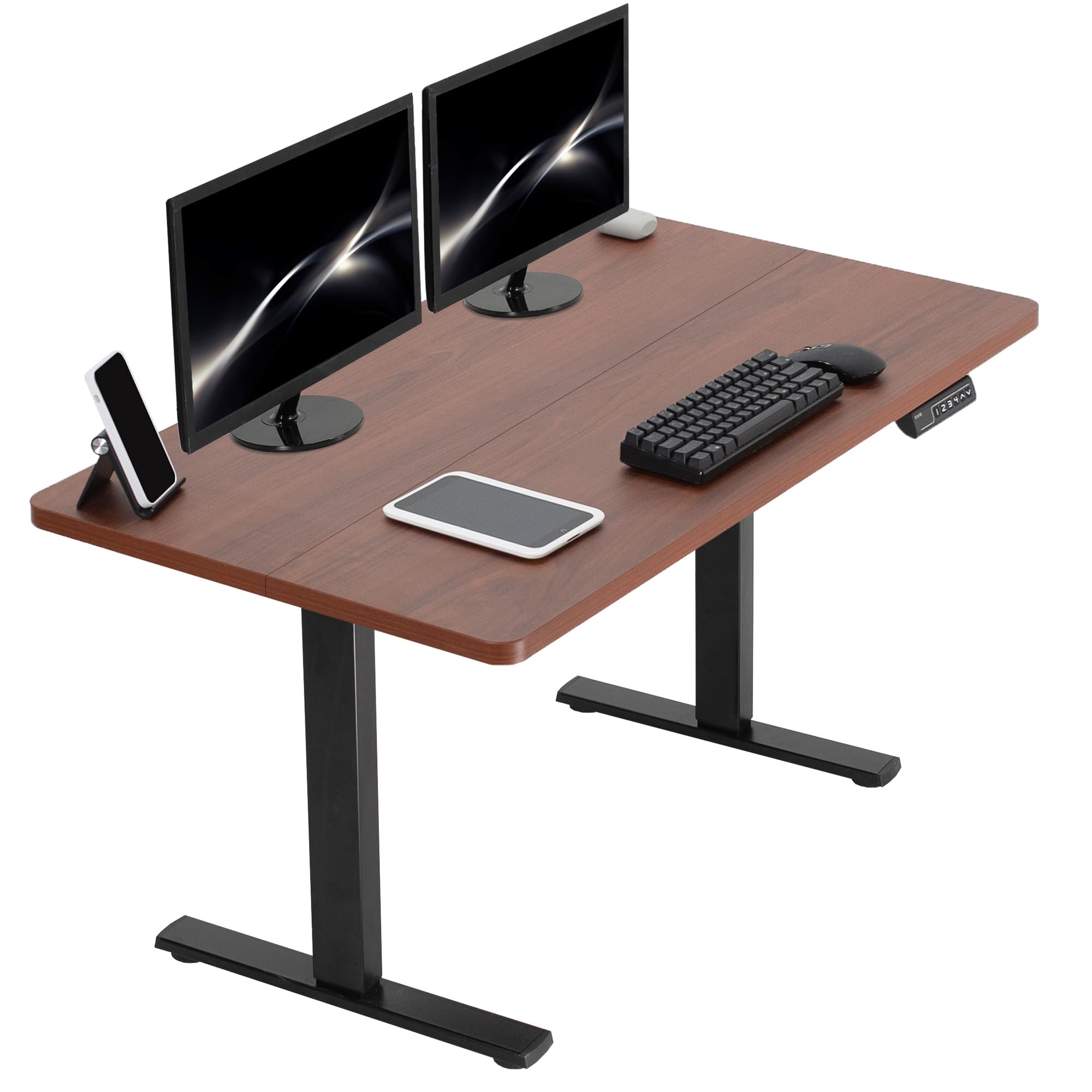 Dark walnut desk top with black metal frame, two monitors, keyboard, mouse, and tablet on a white background