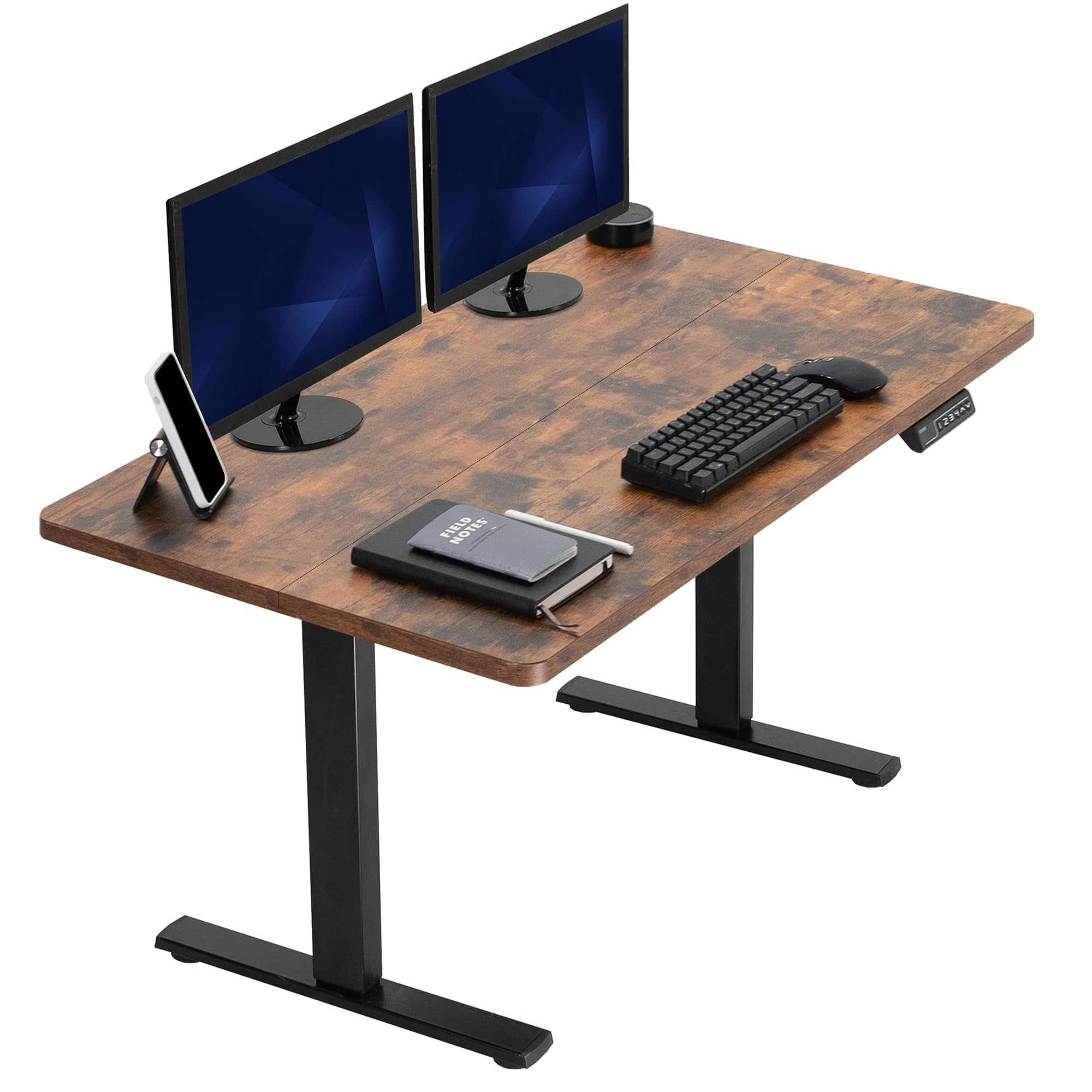 Rustic, vintage brown table top with black frame with two monitors, keyboard, and tablet on a white background