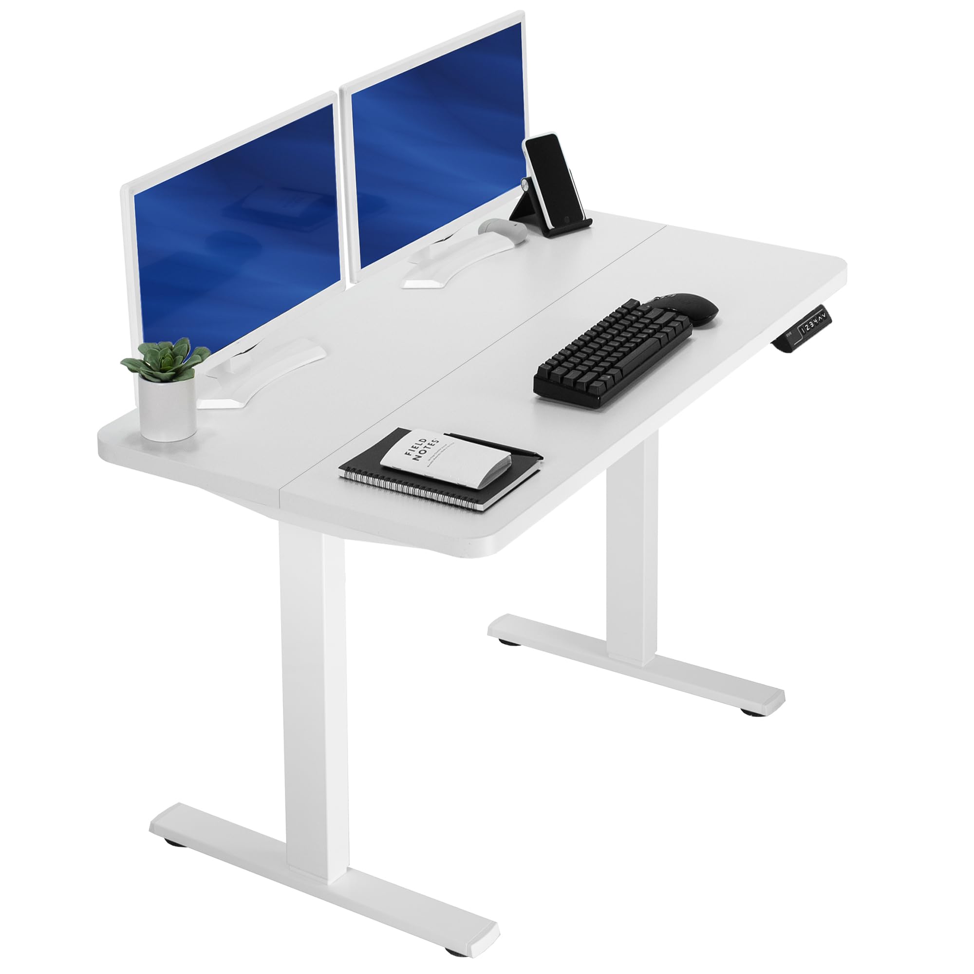 White computer desk with two monitors, keyboard, and phone on a white background