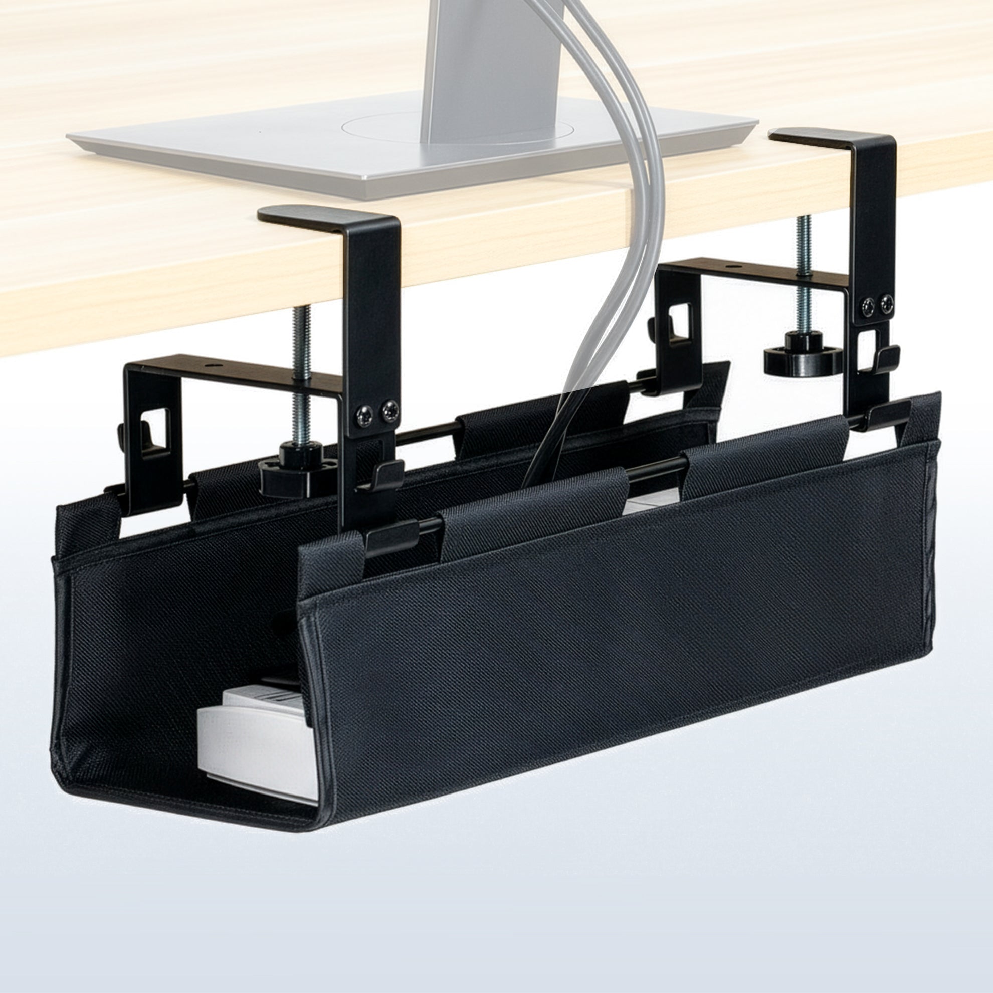 16" Clamp-on Fabric Cable Management Tray on a desk.