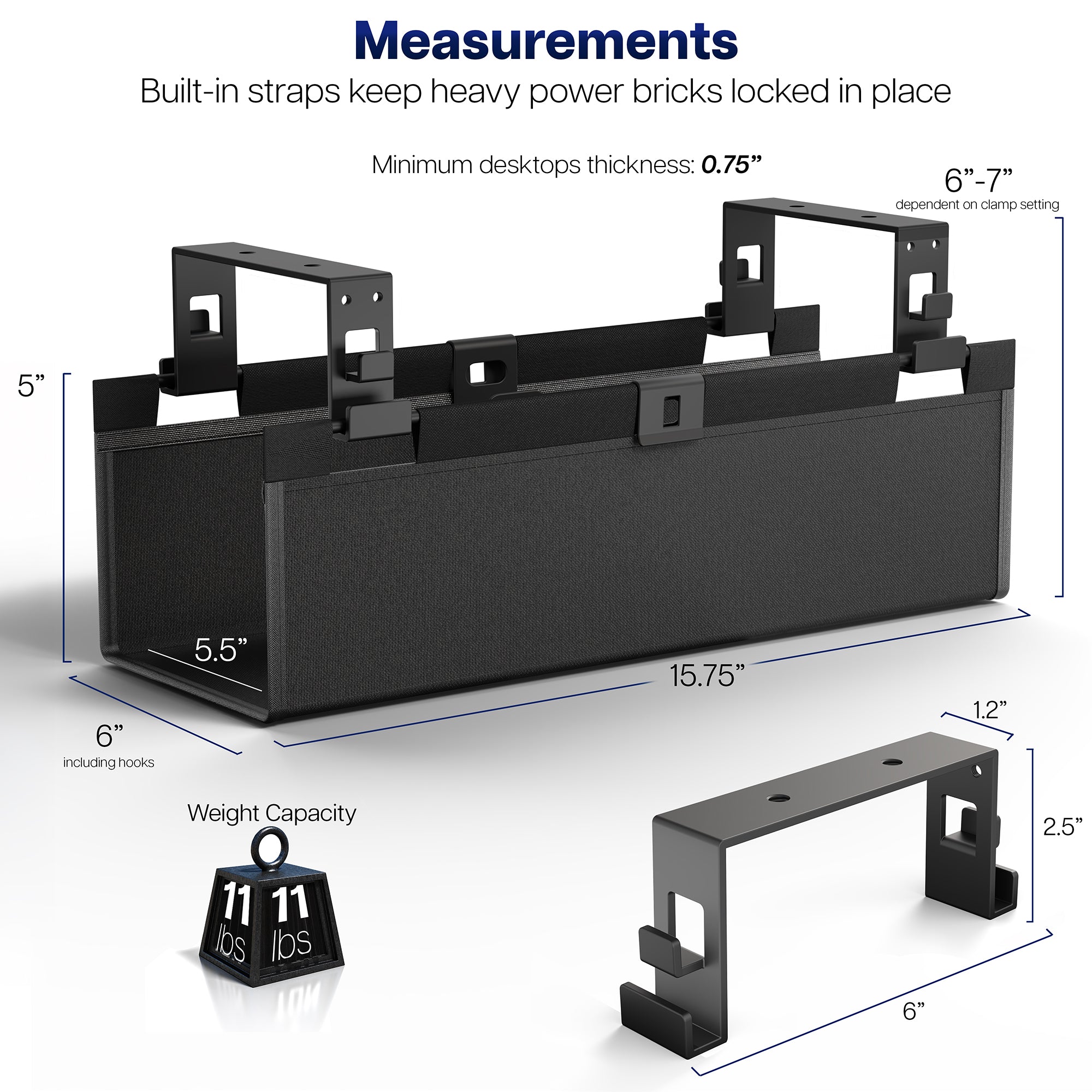 Under Desk Fabric Cable Management Tray with measurements and specifications on a white background