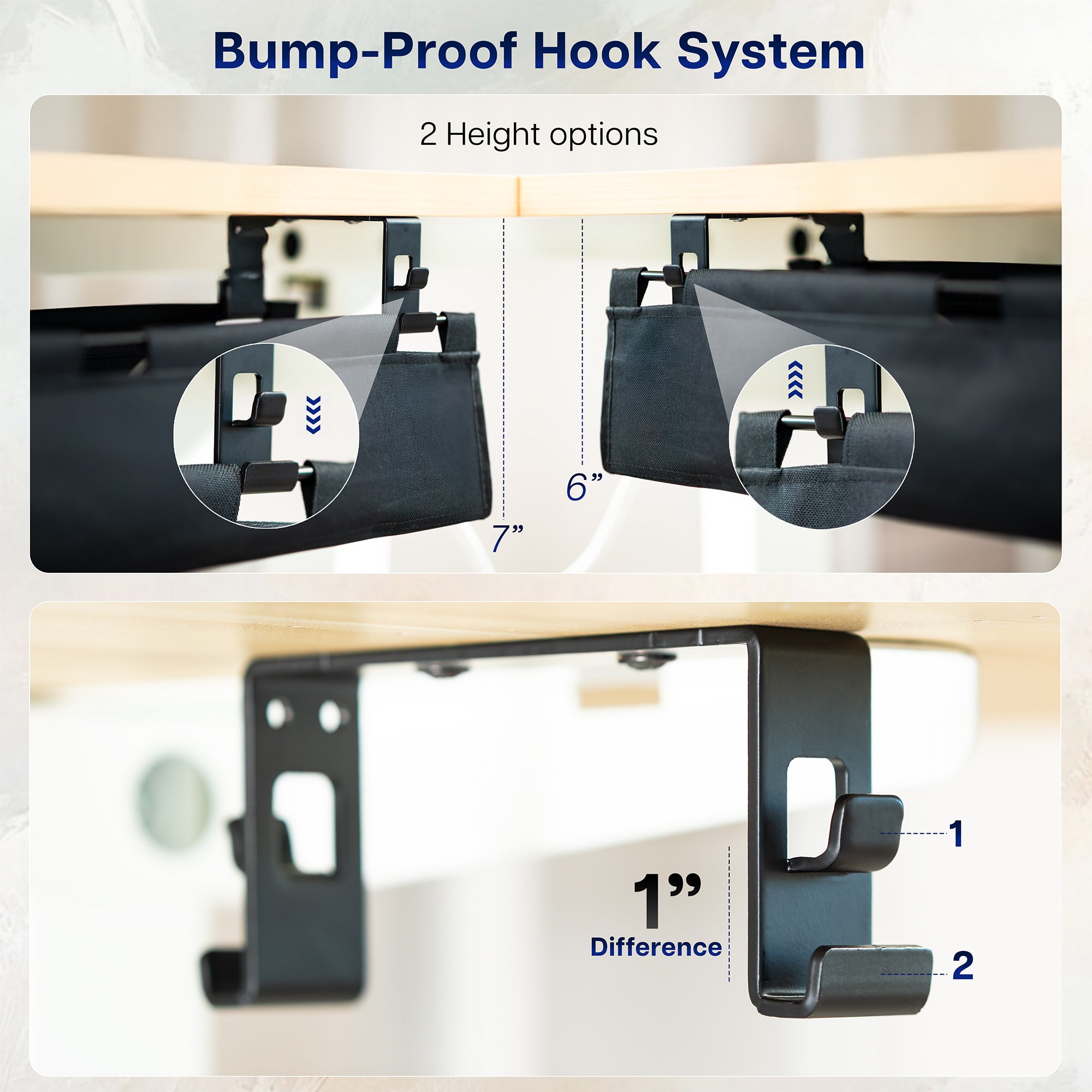 Bump-proof hook system with height options on a wooden surface
