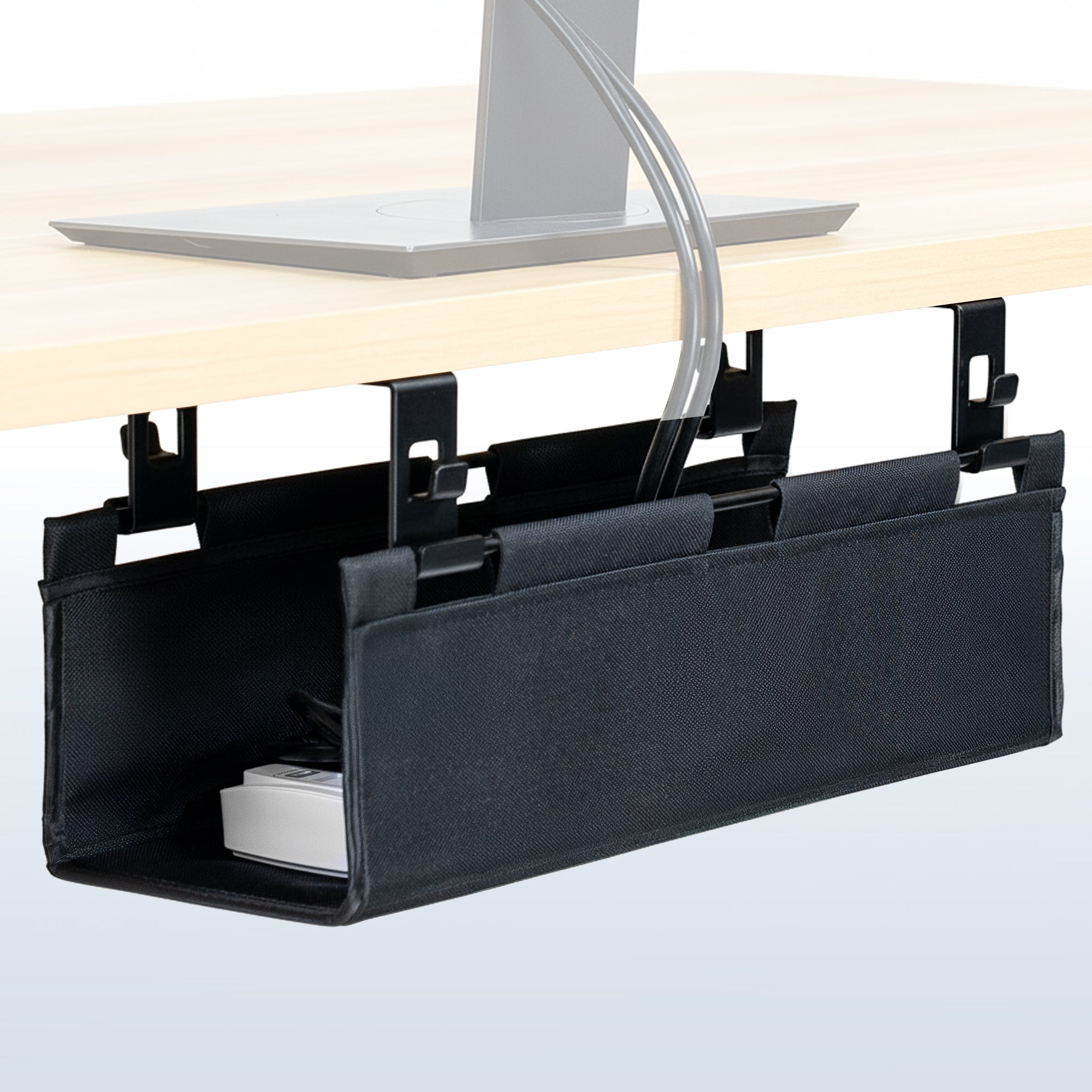 Under Desk Fabric Cable Management Tray on a light wooden desk.