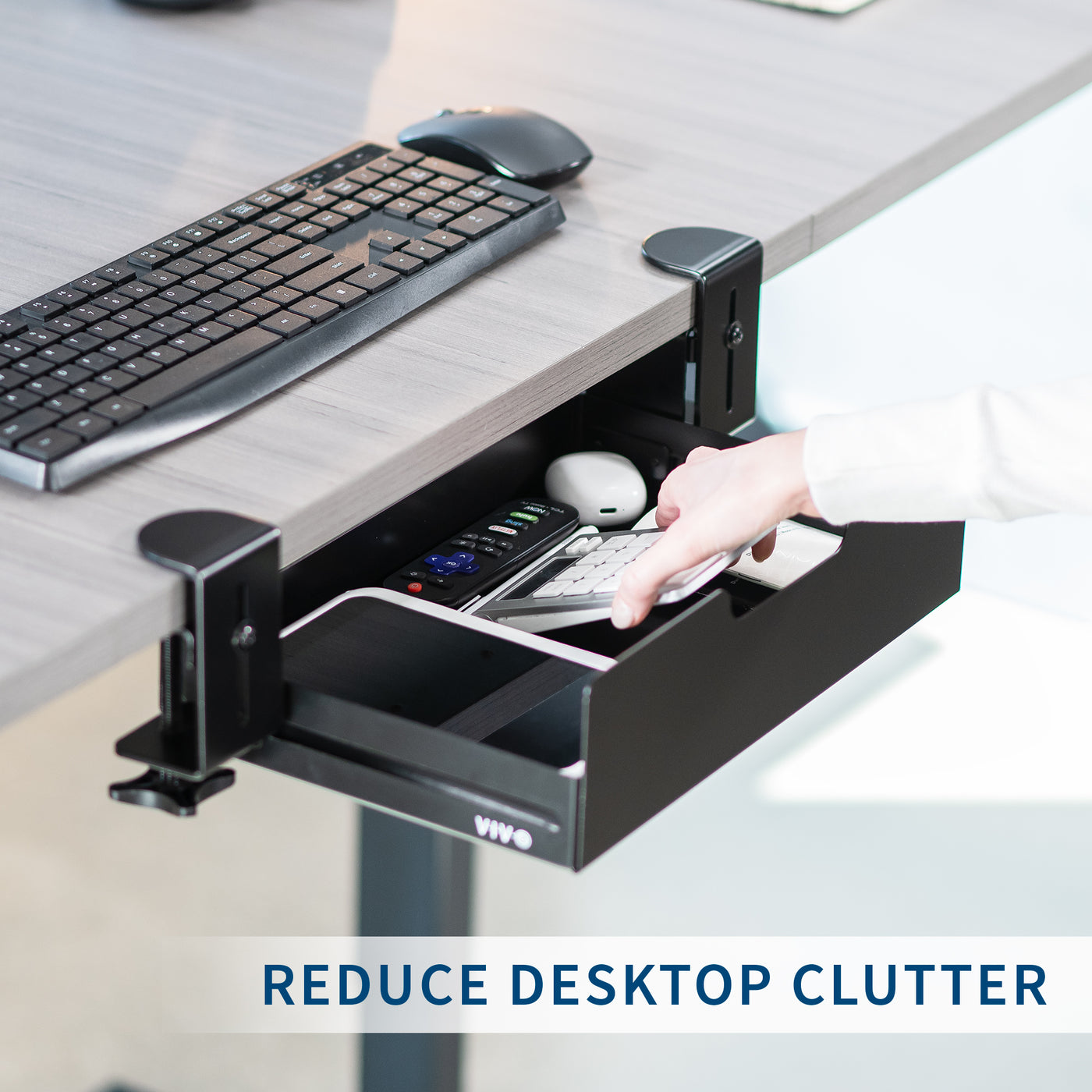 Sturdy low-profile flush under desk clamp-on desk drawer for organization and storage.
