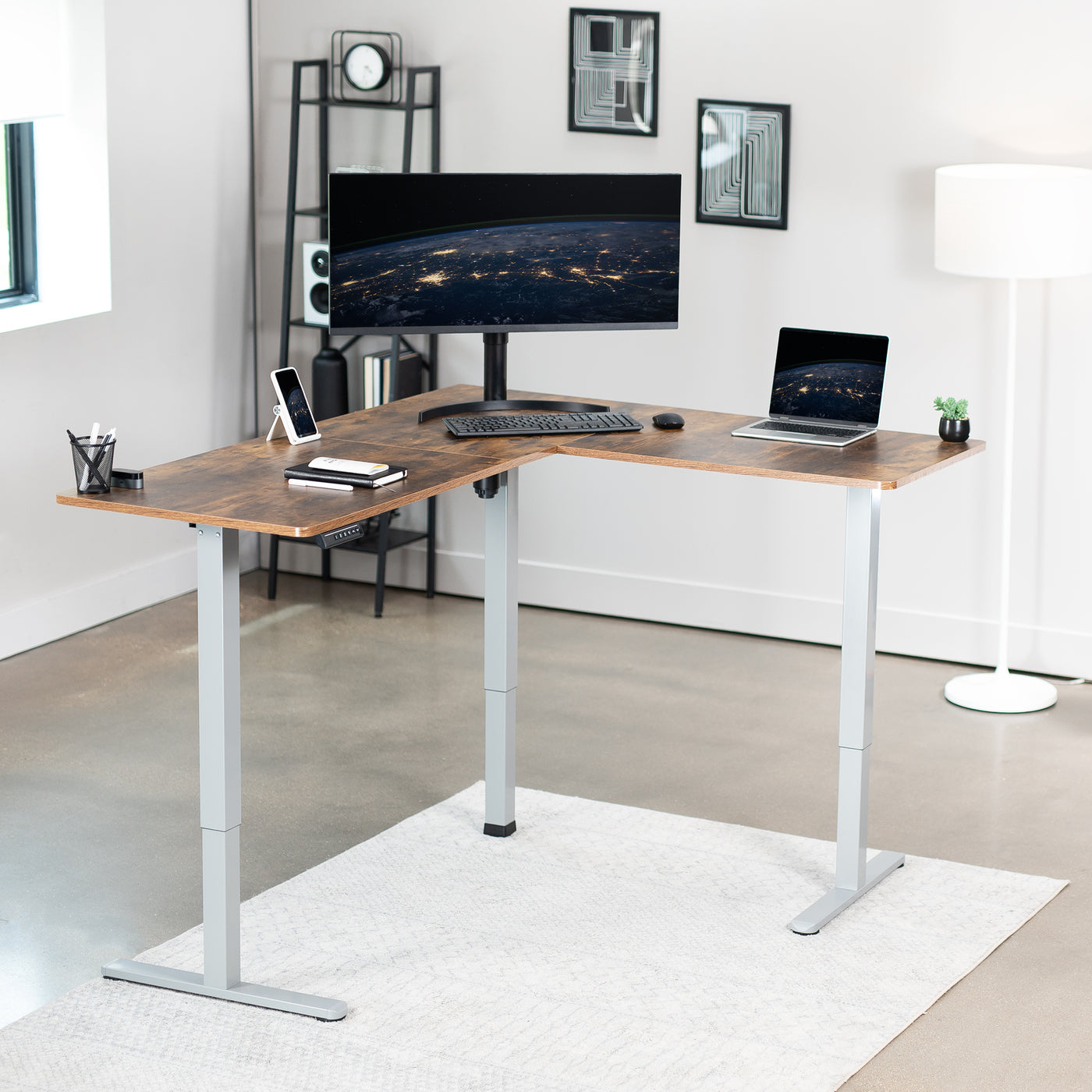 Rustic electric heavy-duty corner desk workstation for modern office workspaces. 