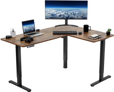 Electric heavy-duty, rustic corner desk workstation for modern office workspaces.