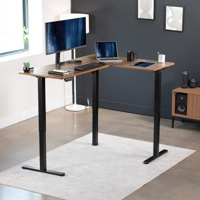 Electric heavy-duty, rustic corner desk workstation for modern office workspaces.