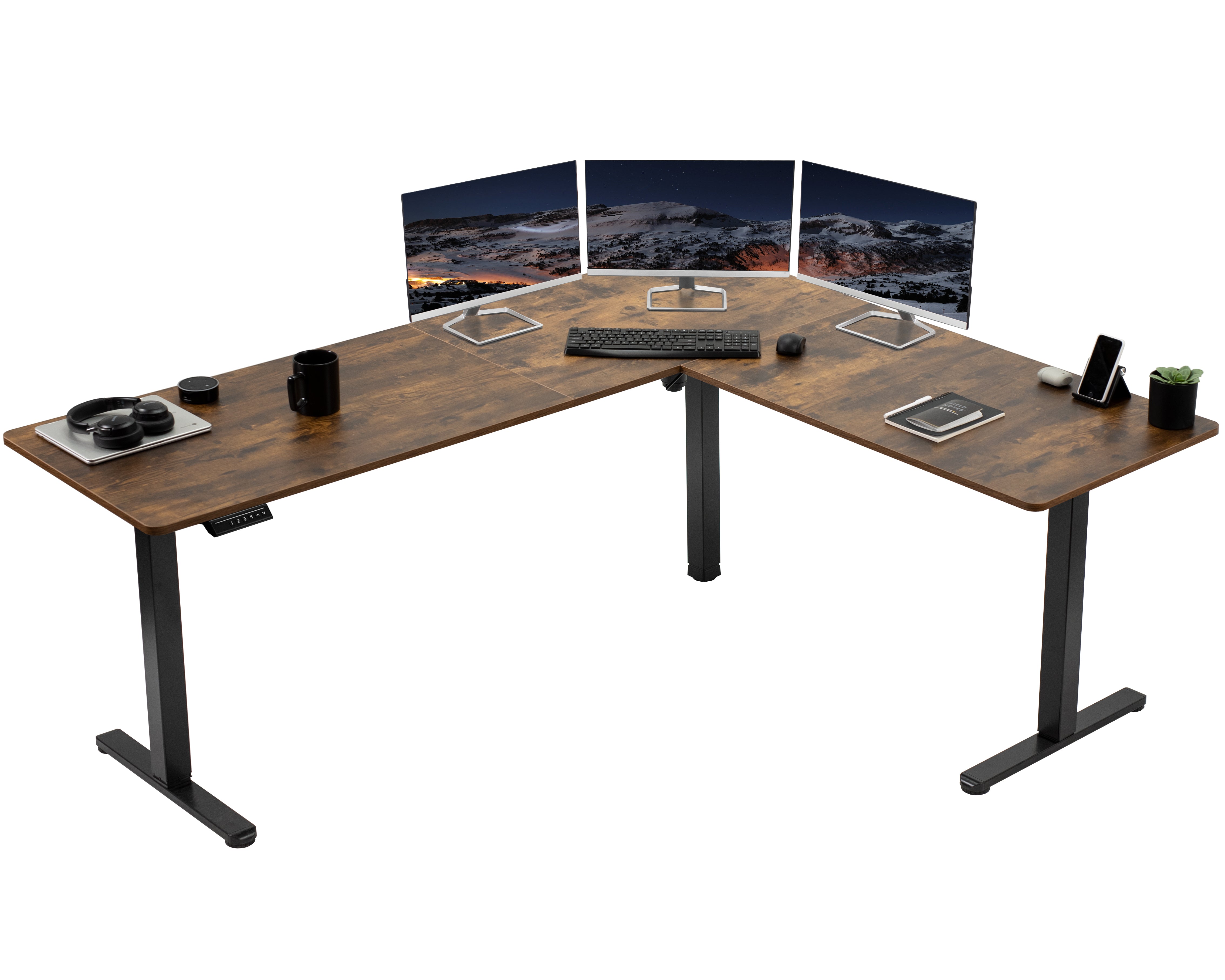 Electric heavy-duty, rustic corner desk workstation for modern office workspaces.