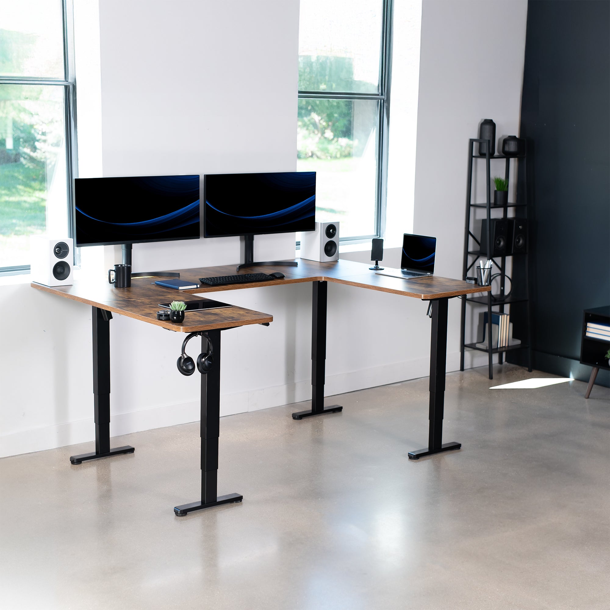 Rustic heavy-duty spacious height adjustable U-shaped electric desk with programmable memory controller.