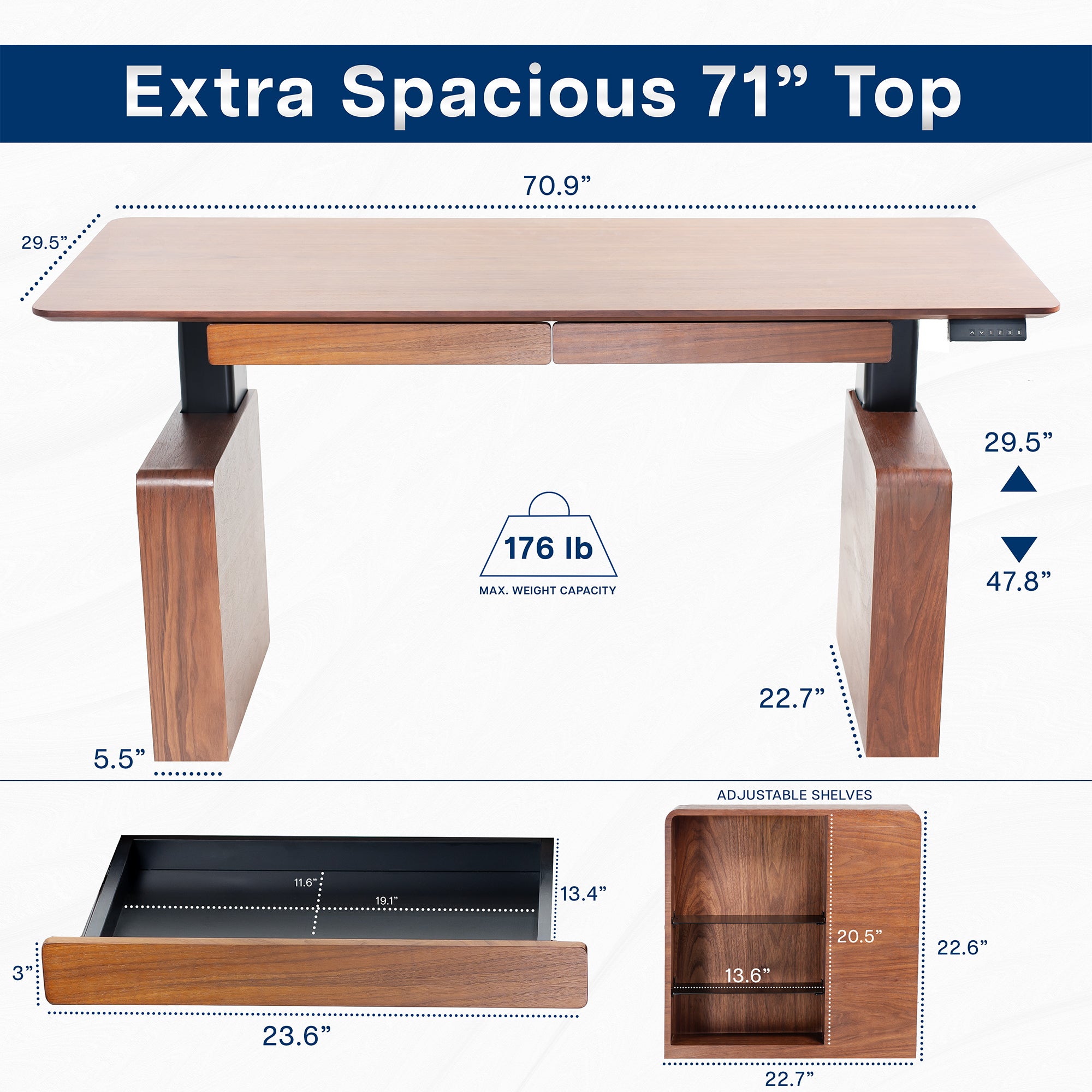 Spacious sit to stand walnut executive desk with two pull-out drawers, adjustable shelving on the reversible legs, and a built-in power strip for convenient connectivity.