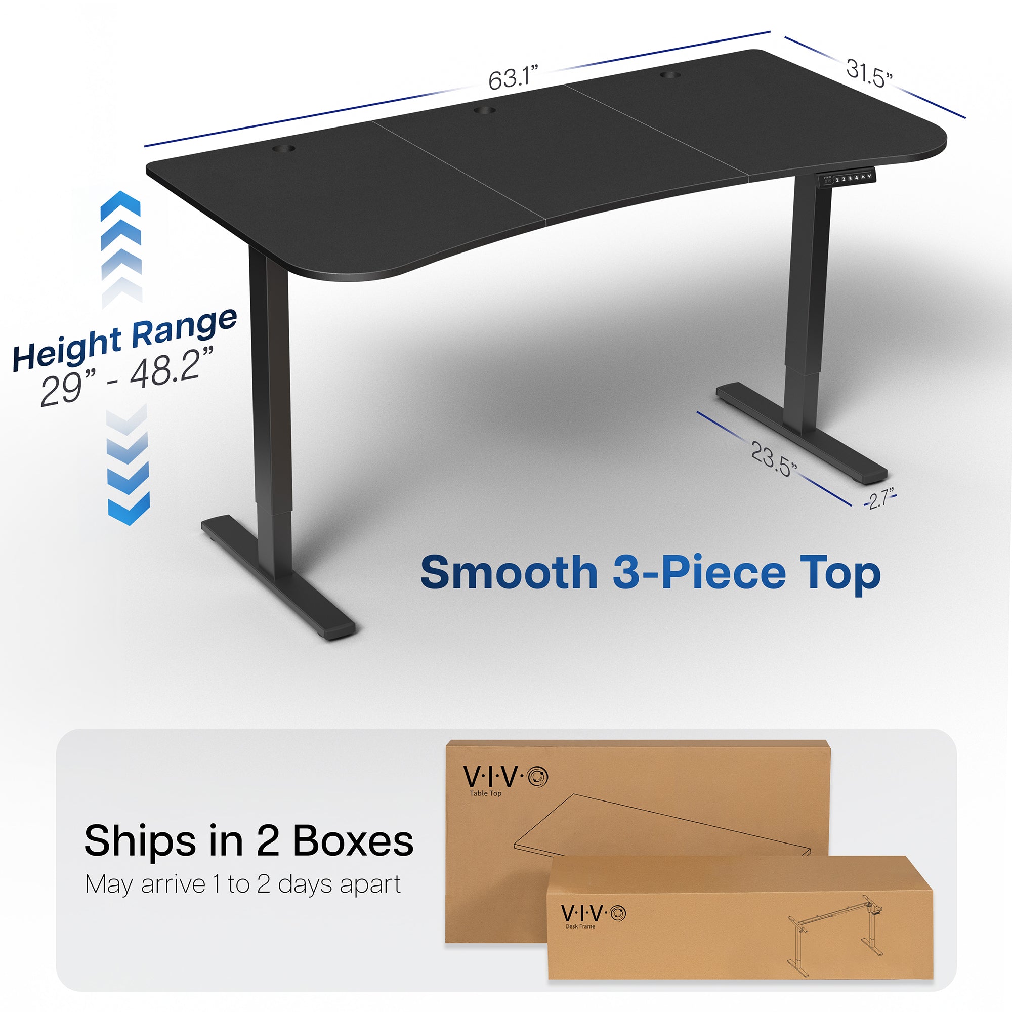 Height adjustable desk that ships in 2 boxes