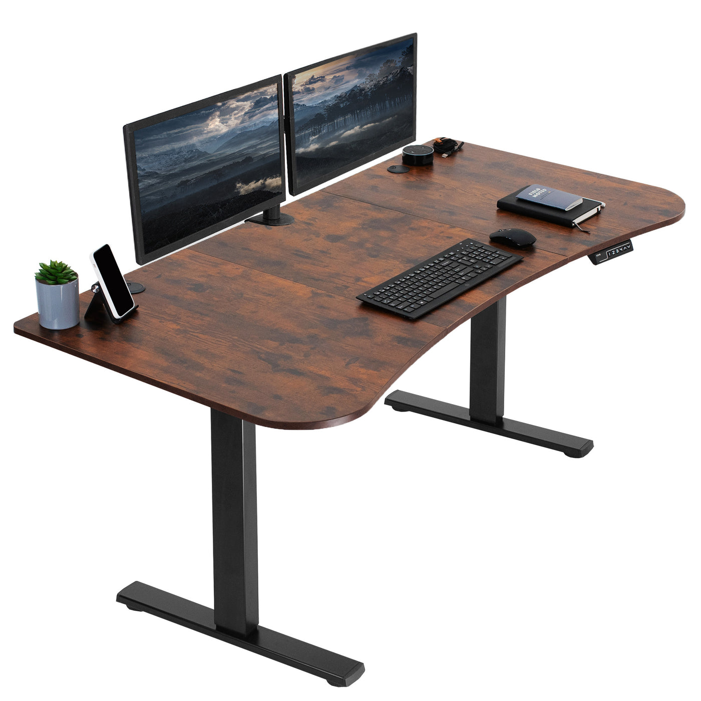 Rustic sit to stand height adjustable electric desk with push button memory controller for ergonomic office workstation.