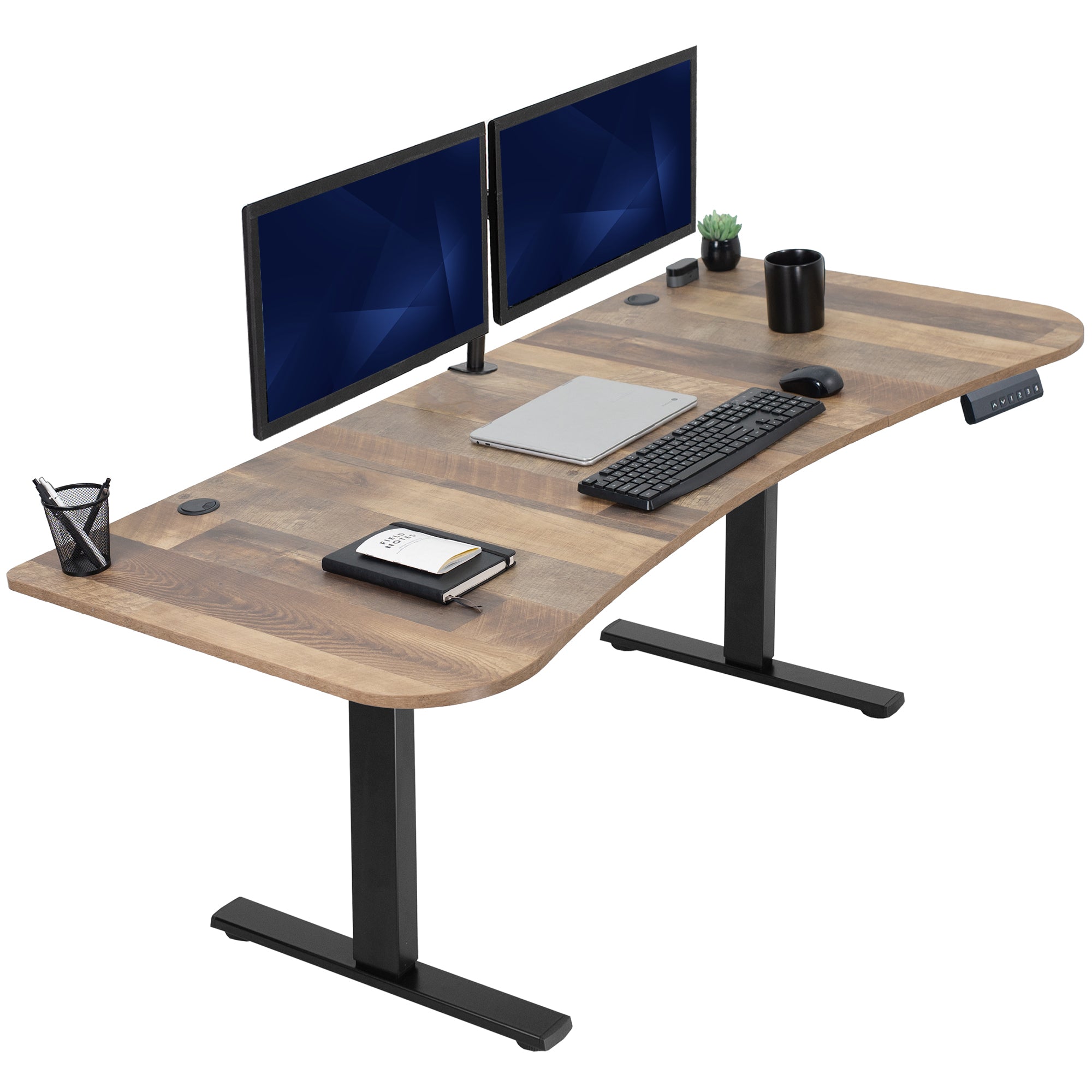 Reclaimed wood, electric, sit to stand, height adjustable desk.