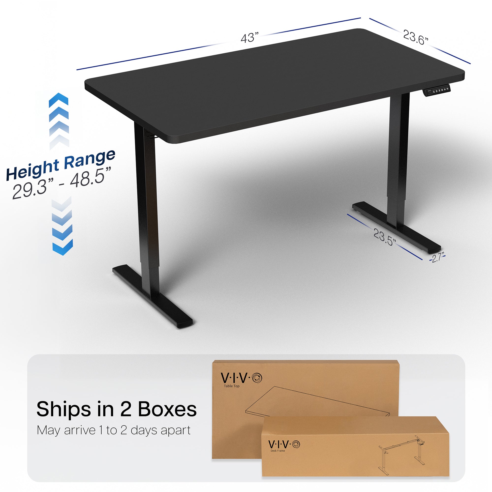 Black, height adjustable, electric, sit to stand desk that ships in two boxes.