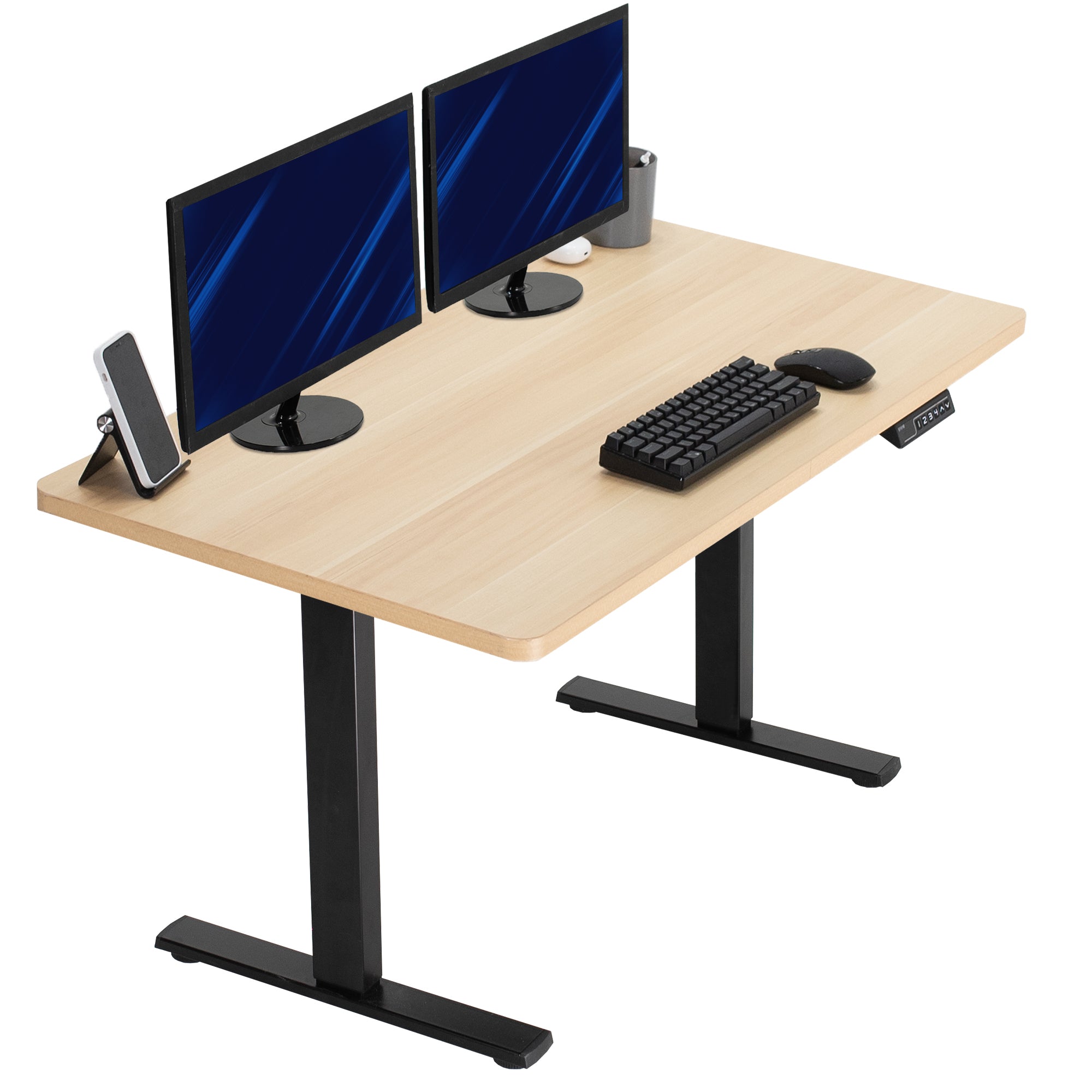 Sturdy ergonomic sit or stand active desk workstation with adjustable height using smart control panel.