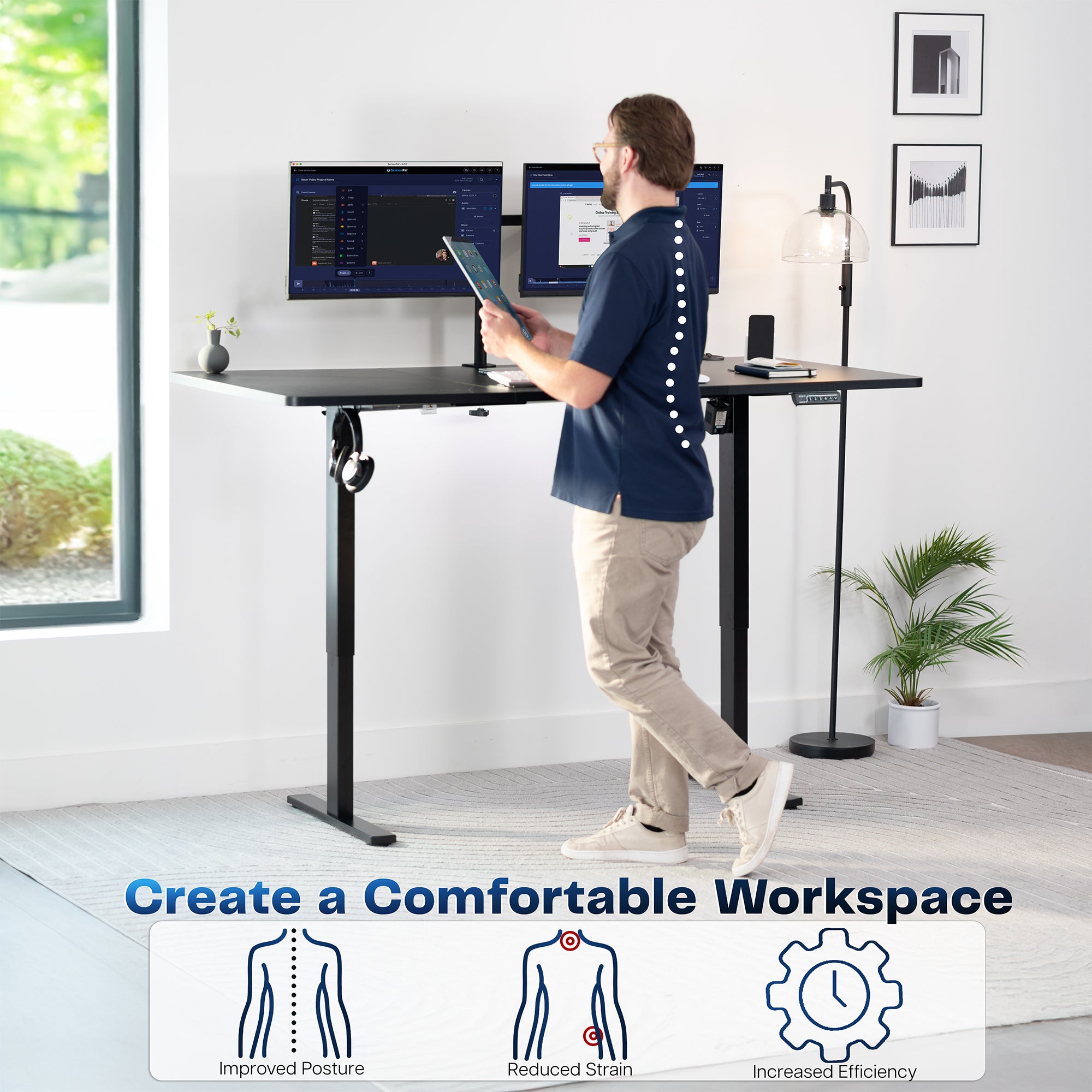 Large sturdy sit or stand modern desk with electric height adjustment options.