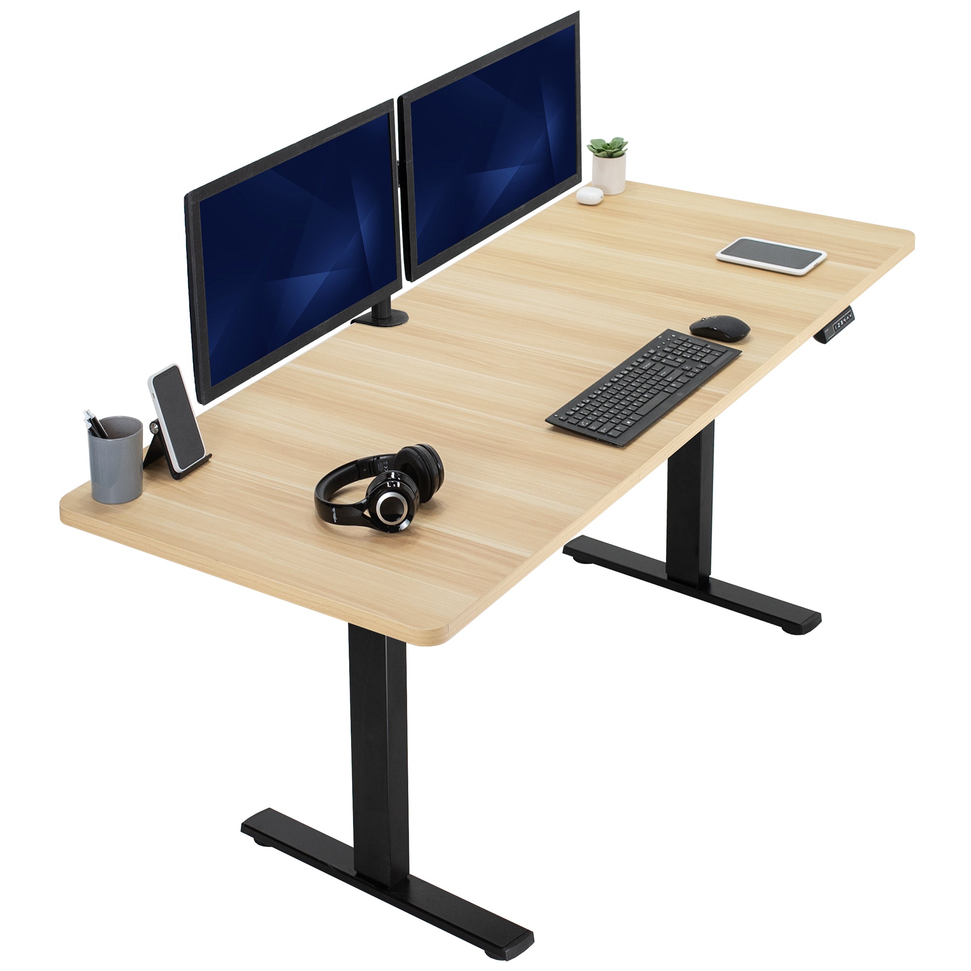 Large sturdy sit or stand modern desk with electric height adjustment options.