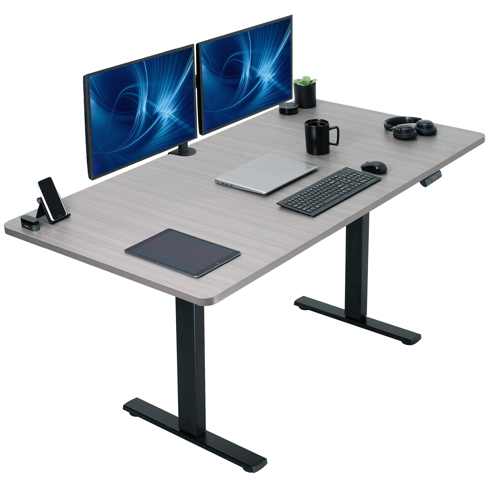 Large sturdy sit or stand modern desk with electric height adjustment options.