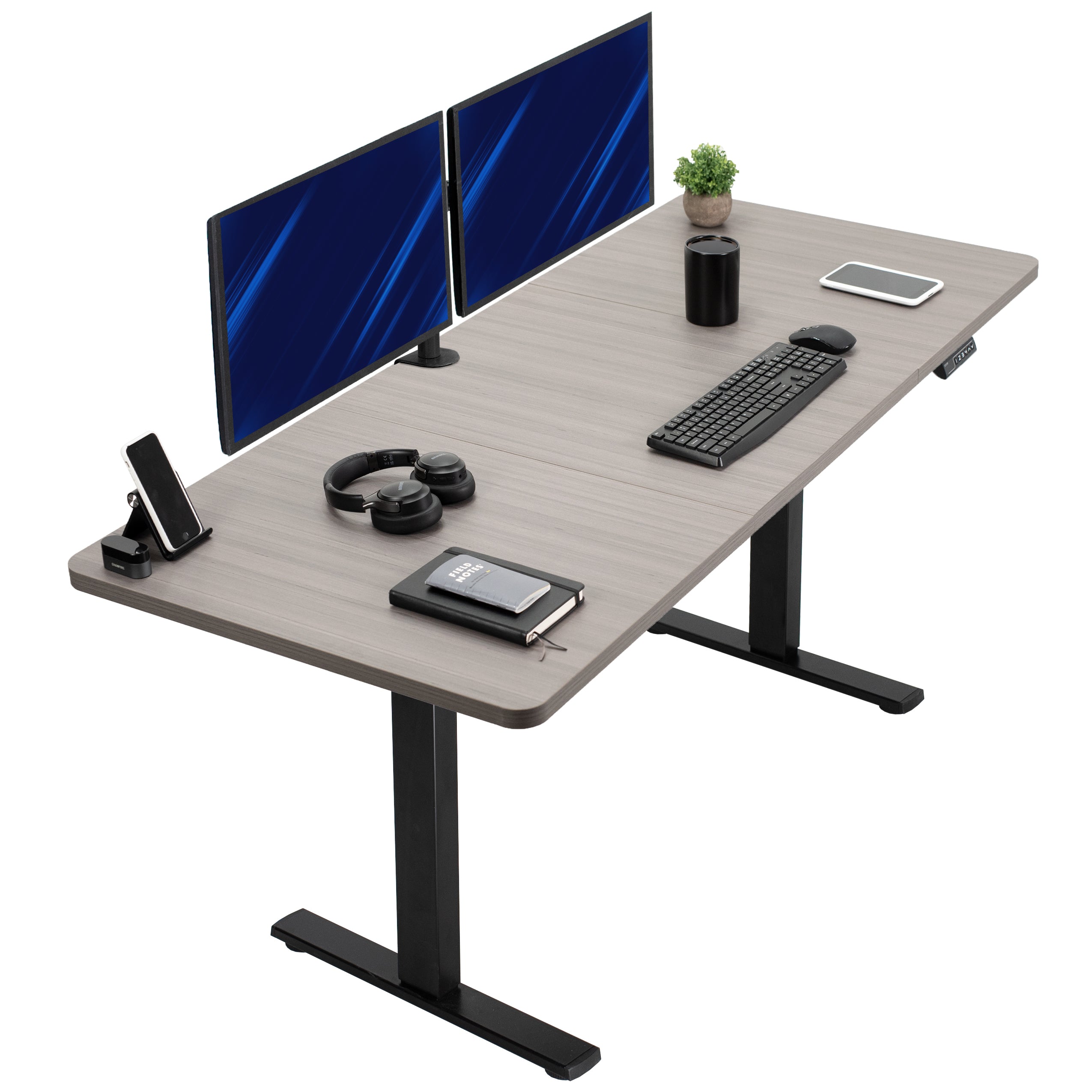 Large sturdy sit or stand modern desk with electric height adjustment options.
