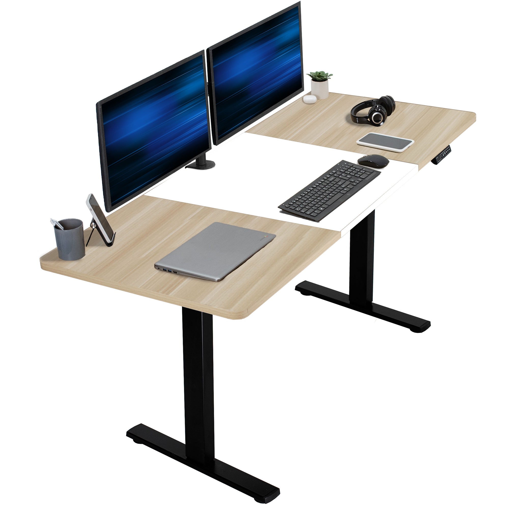 Large sturdy sit or stand modern desk with electric height adjustment options.