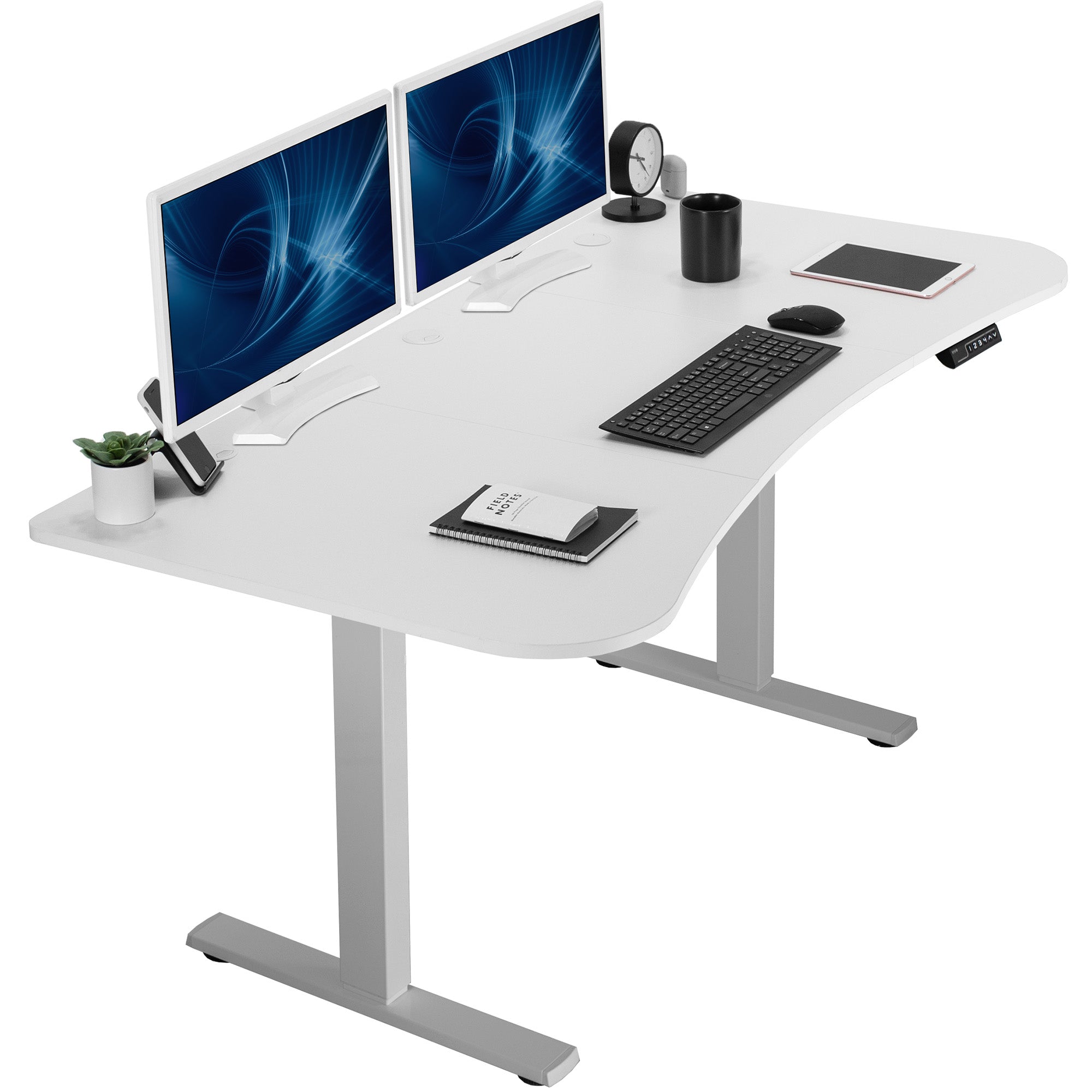 White top grey frame, electric, sit to stand, height adjustable desk.